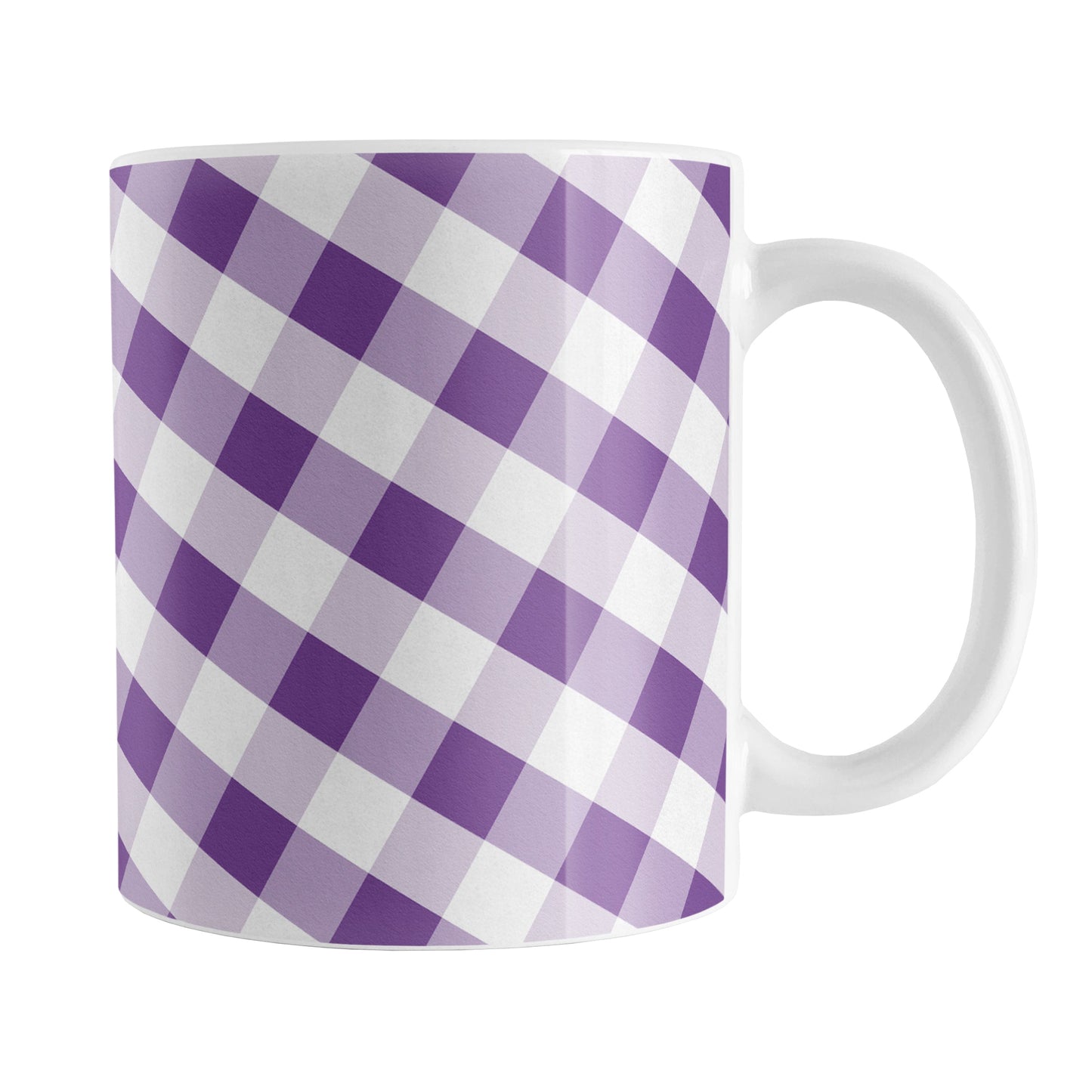 Purple Gingham Mug (11oz) at Amy's Coffee Mugs. A ceramic coffee mug designed with a slanted white and purple gingham pattern that wraps around the mug up to the handle.