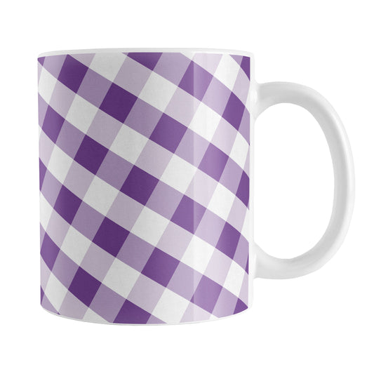 Purple Gingham Mug (11oz) at Amy's Coffee Mugs. A ceramic coffee mug designed with a slanted white and purple gingham pattern that wraps around the mug up to the handle.