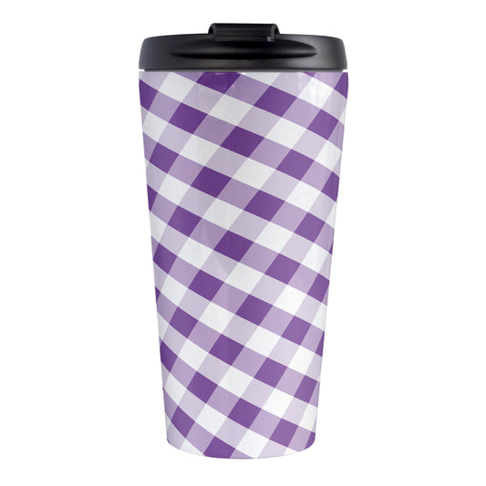 Purple Gingham Travel Mug (15oz, stainless steel insulated) at Amy's Coffee Mugs. A travel mug designed with a slanted purple and white gingham pattern that wraps around the travel mug.