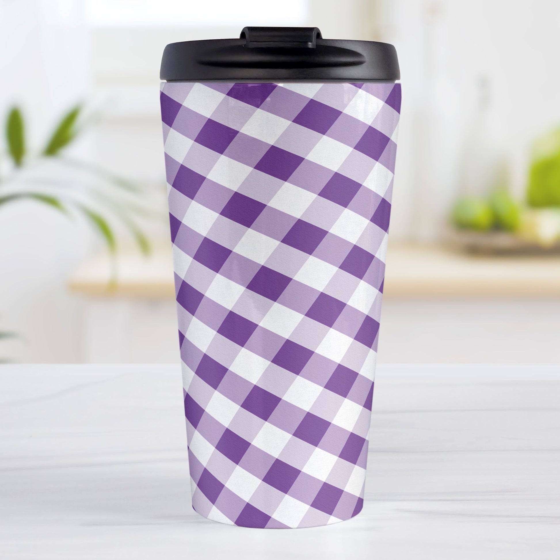 Purple Gingham Travel Mug (15oz, stainless steel insulated) at Amy's Coffee Mugs. A travel mug designed with a slanted purple and white gingham pattern that wraps around the travel mug.