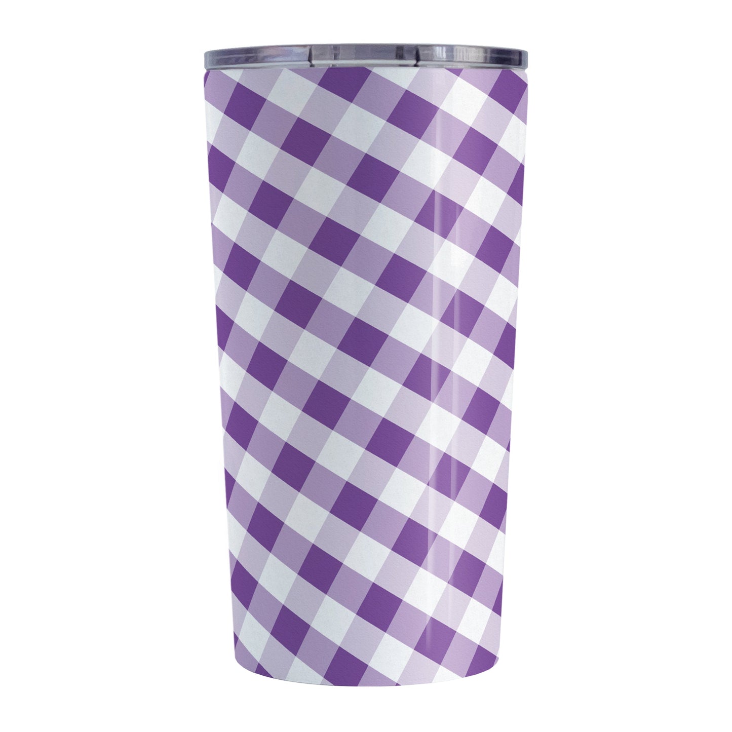 Purple Gingham Tumbler Cup (20oz, stainless steel insulated) at Amy's Coffee Mugs. A tumbler cup designed with a slanted purple and white gingham pattern that wraps around the cup.
