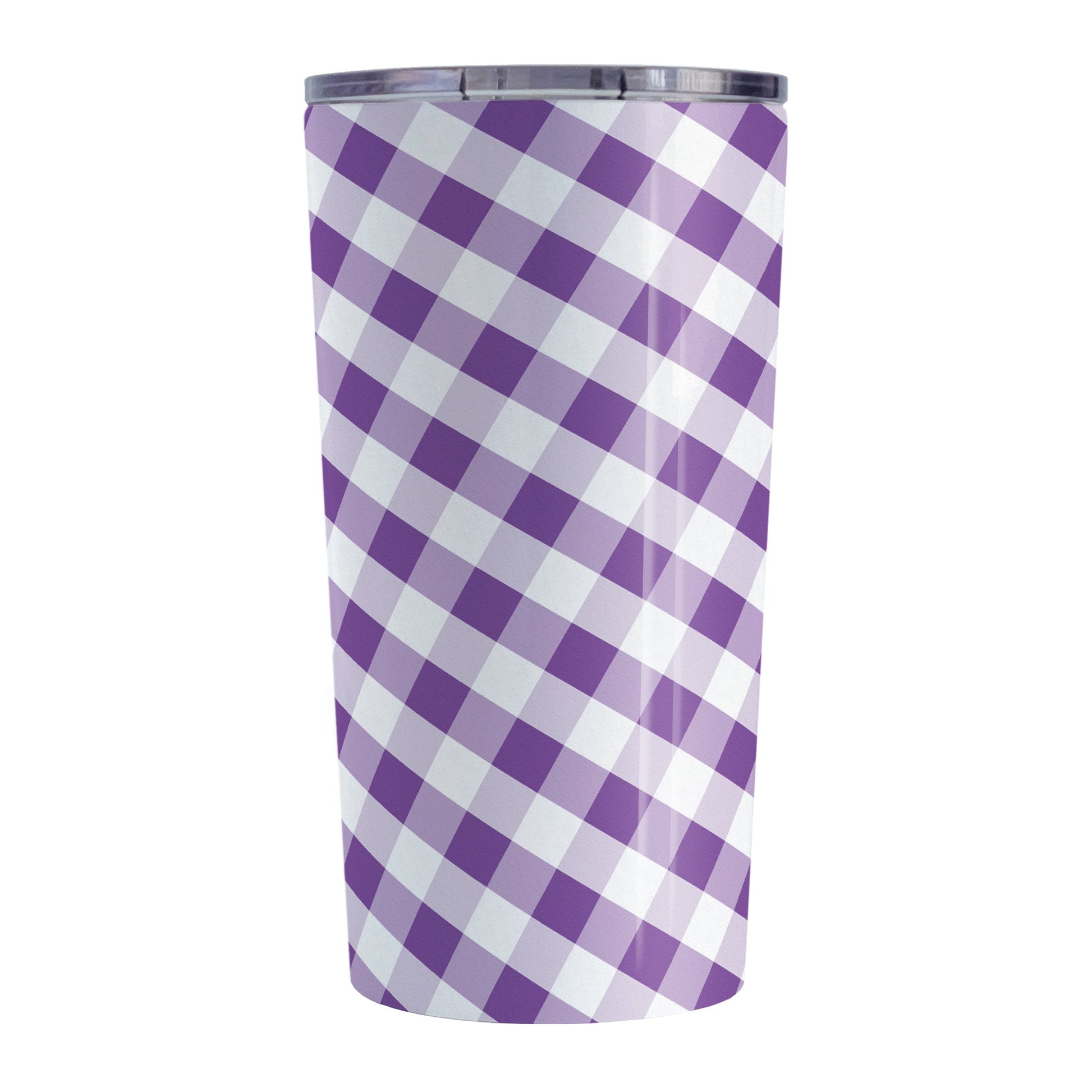 Purple Gingham Tumbler Cup (20oz, stainless steel insulated) at Amy's Coffee Mugs. A tumbler cup designed with a slanted purple and white gingham pattern that wraps around the cup.