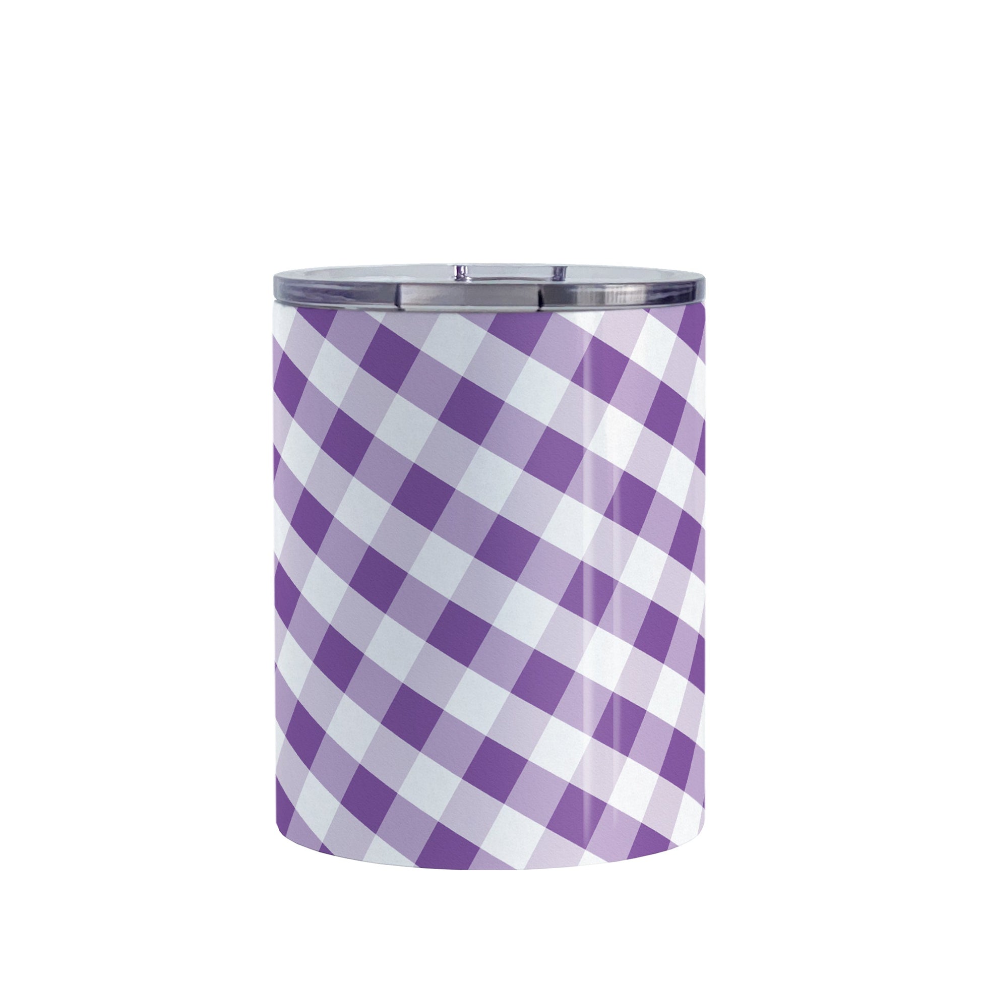 Purple Gingham Tumbler Cup (10oz, stainless steel insulated) at Amy's Coffee Mugs. A tumbler cup designed with a slanted purple and white gingham pattern that wraps around the cup.