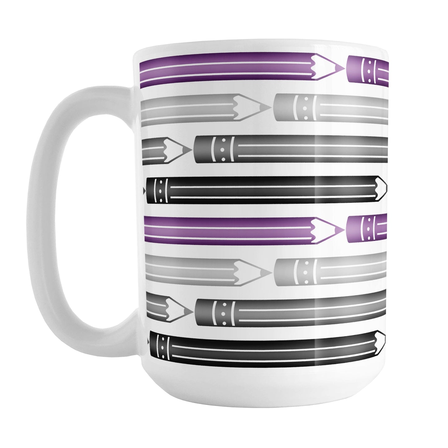 Purple Gray Black Pencils Pattern Mug (15oz) at Amy's Coffee Mugs. A ceramic coffee mug designed with horizontal pencils in purple, gray, and black, stacked in a pattern that wraps around the mug to the handle.