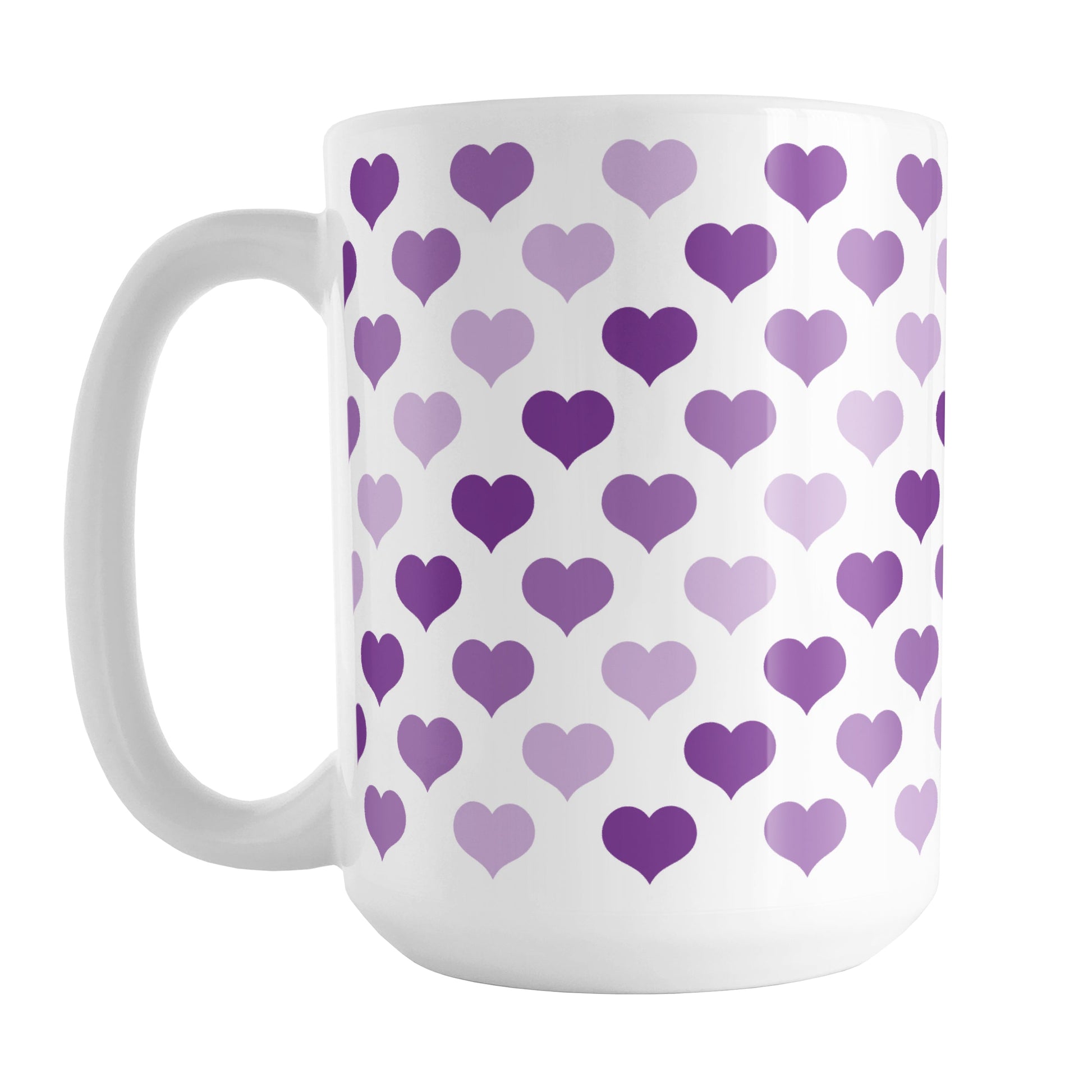 Purple Hearts Pattern Mug (15oz) at Amy's Coffee Mugs. A ceramic coffee mug designed with a pattern of hearts in three different shades of purple that wraps around the mug up to the handle.