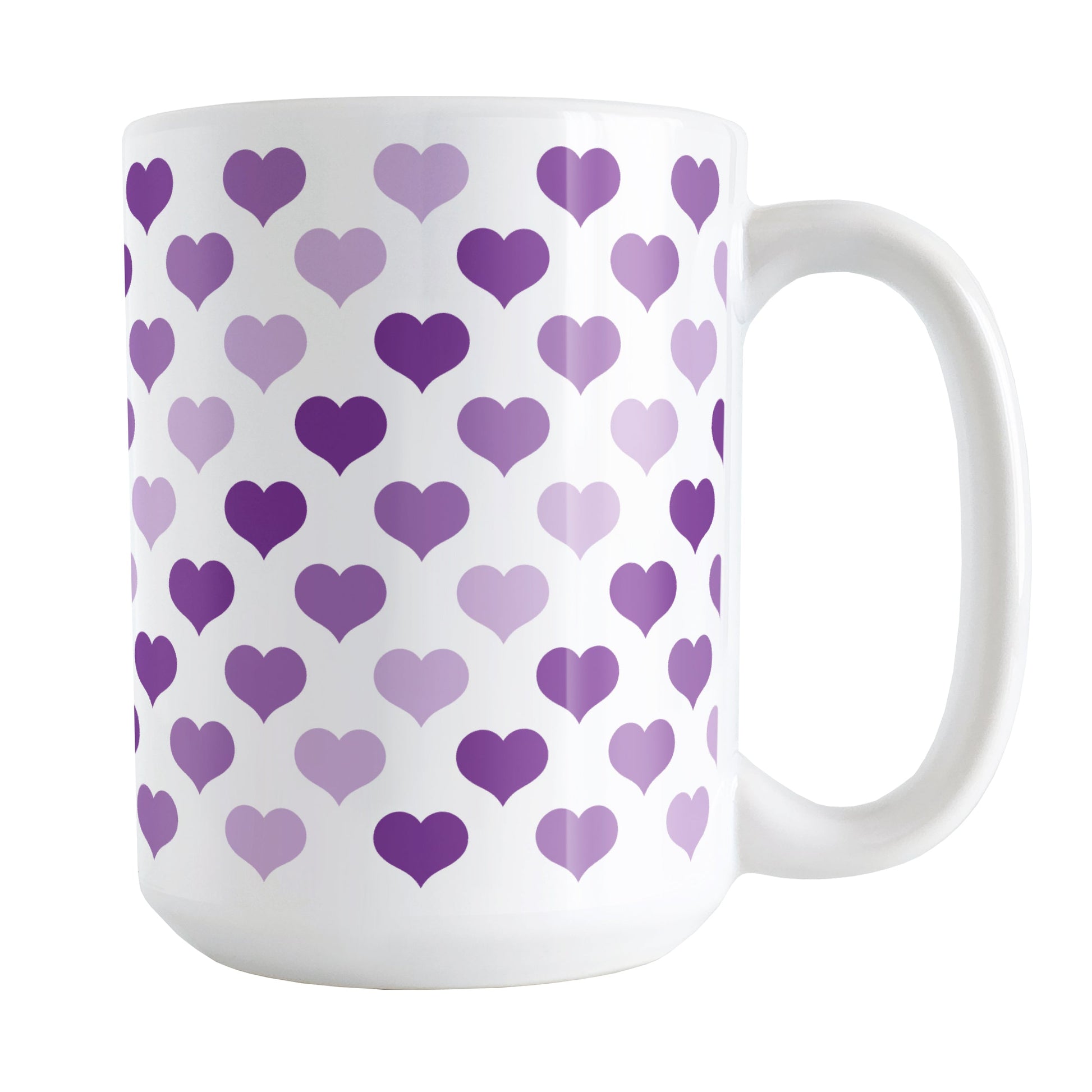 Purple Hearts Pattern Mug (15oz) at Amy's Coffee Mugs. A ceramic coffee mug designed with a pattern of hearts in three different shades of purple that wraps around the mug up to the handle.