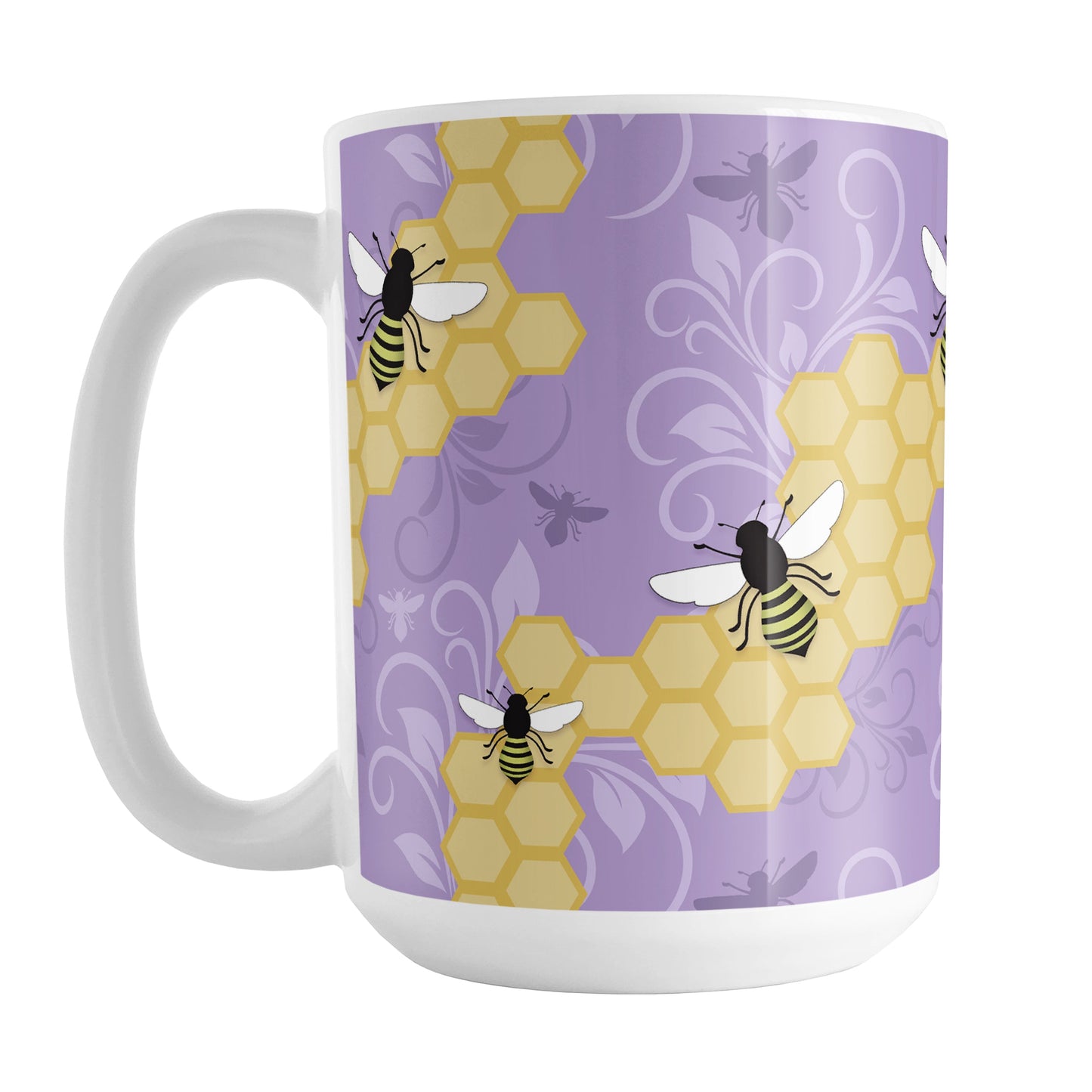 Purple Honeycomb Bee Mug (15oz) at Amy's Coffee Mugs. A ceramic coffee mug designed with a pattern of black and yellow bees on honeycomb lines over a purple flourish background that wraps around the mug to the handle.