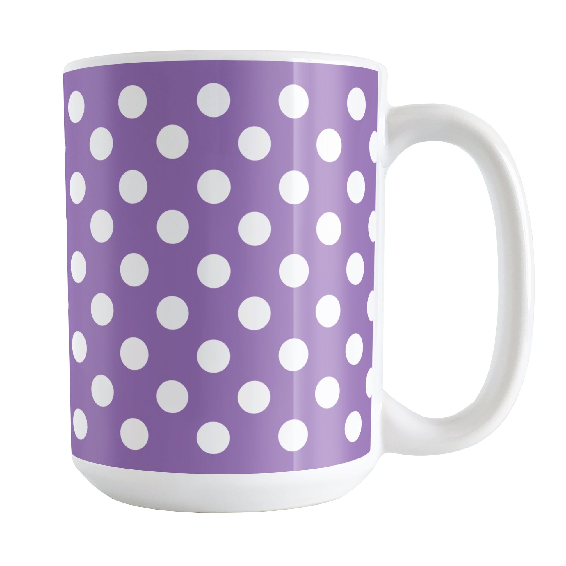 Purple Polka Dot Mug (15oz) at Amy's Coffee Mugs. A ceramic coffee mug designed with a pattern of white polka dots over a purple background color that wraps around the mug up to the handle.