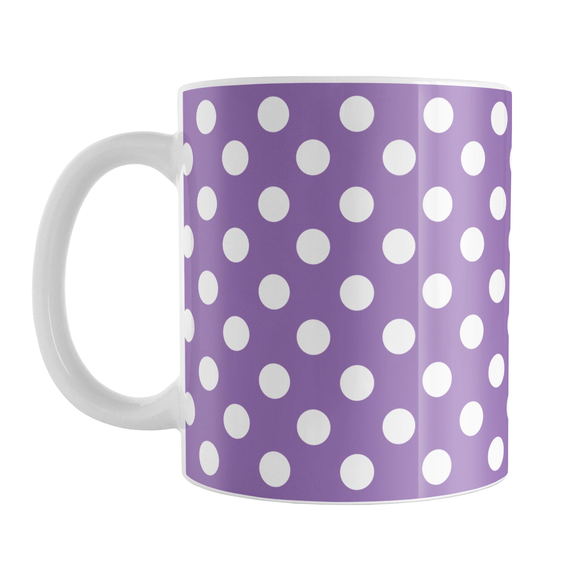 Purple Polka Dot Mug (11oz) at Amy's Coffee Mugs. A ceramic coffee mug designed with a pattern of white polka dots over a purple background color that wraps around the mug up to the handle.
