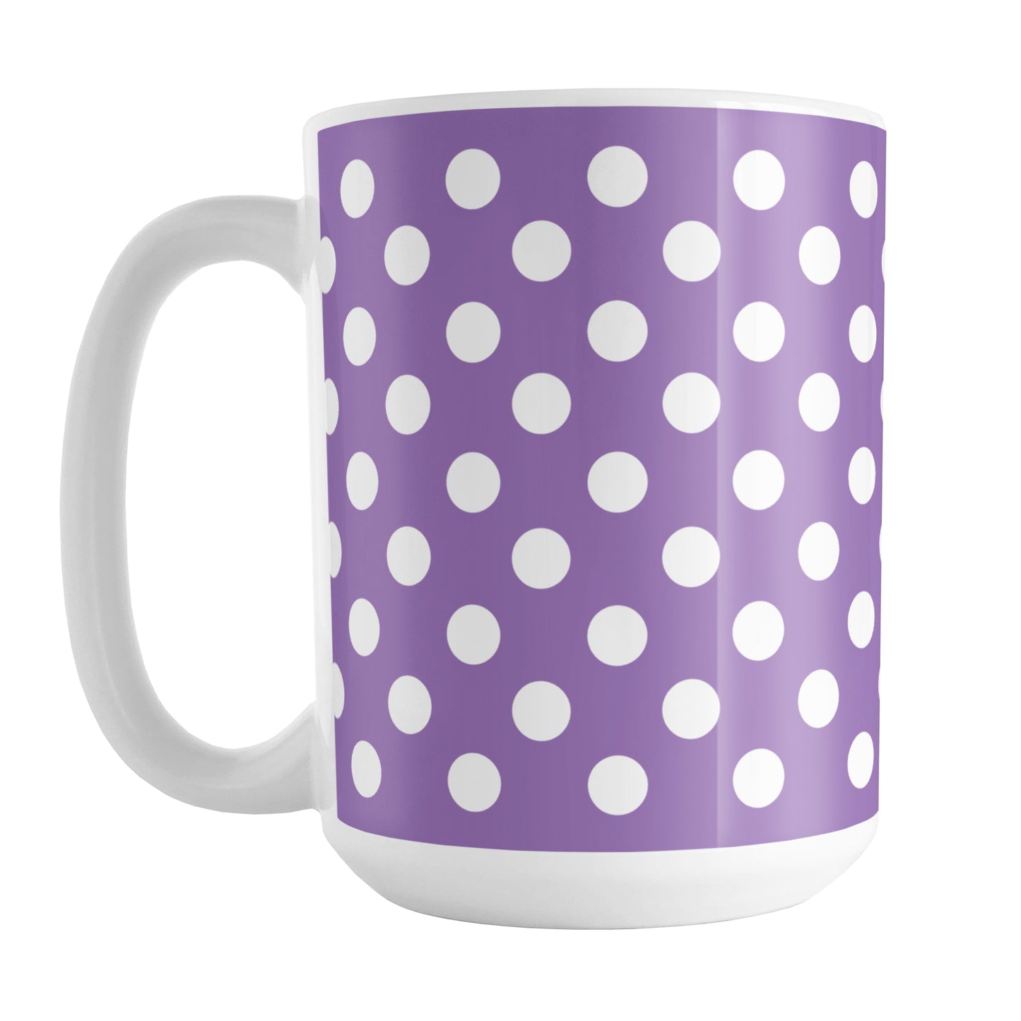 Purple Polka Dot Mug (15oz) at Amy's Coffee Mugs. A ceramic coffee mug designed with a pattern of white polka dots over a purple background color that wraps around the mug up to the handle.