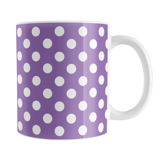 Purple Polka Dot Mug (11oz) at Amy's Coffee Mugs. A ceramic coffee mug designed with a pattern of white polka dots over a purple background color that wraps around the mug up to the handle.