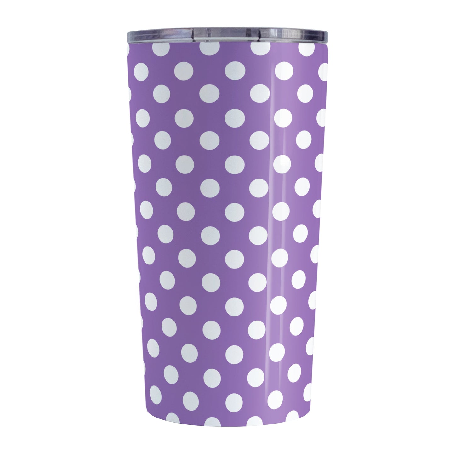 Purple Polka Dot Tumbler Cup (20oz, stainless steel insulated) at Amy's Coffee Mugs. A tumbler cup designed with a pattern of white polka dots over a purple background color that wraps around the cup.