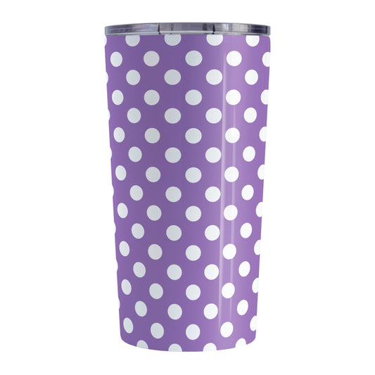Purple Polka Dot Tumbler Cup (20oz, stainless steel insulated) at Amy's Coffee Mugs. A tumbler cup designed with a pattern of white polka dots over a purple background color that wraps around the cup.