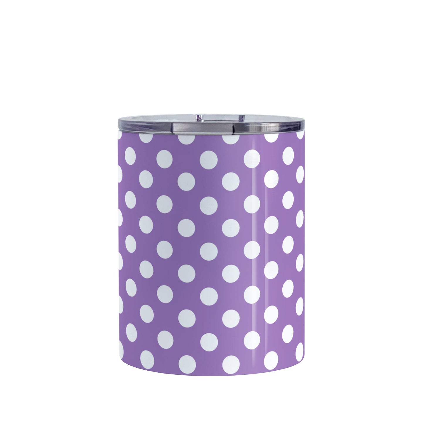 Purple Polka Dot Tumbler Cup (10oz, stainless steel insulated) at Amy's Coffee Mugs. A tumbler cup designed with a pattern of white polka dots over a purple background color that wraps around the cup.