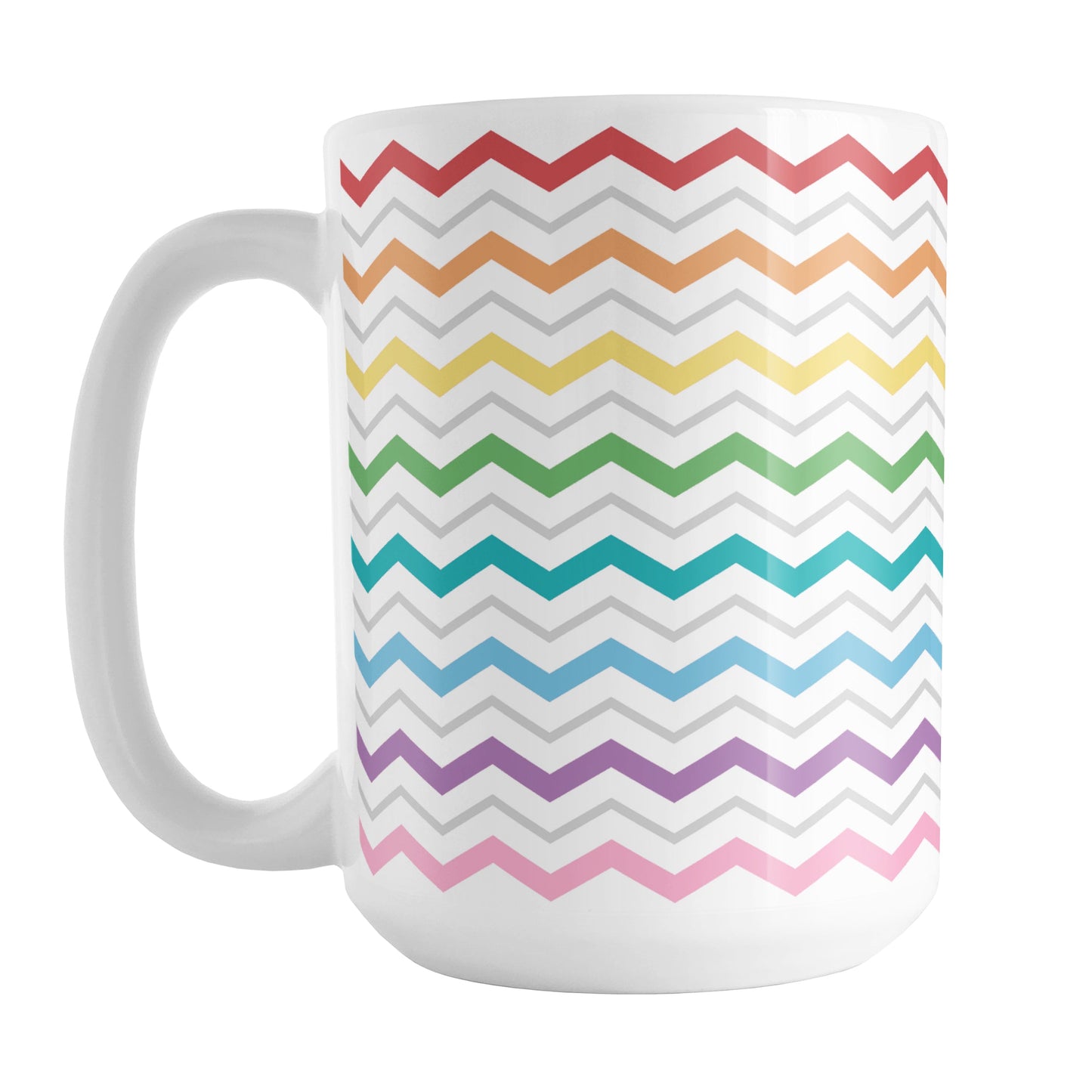 Rainbow Chevron Zigzag Pattern Mug (15oz) at Amy's Coffee Mugs. A ceramic coffee mug designed with colorful chevron zigzags with each zigzag line representing a different color in a rainbow progression with thinner gray zigzag lines between each color, over a white background, in a pattern that wraps around the mug up to the handle.