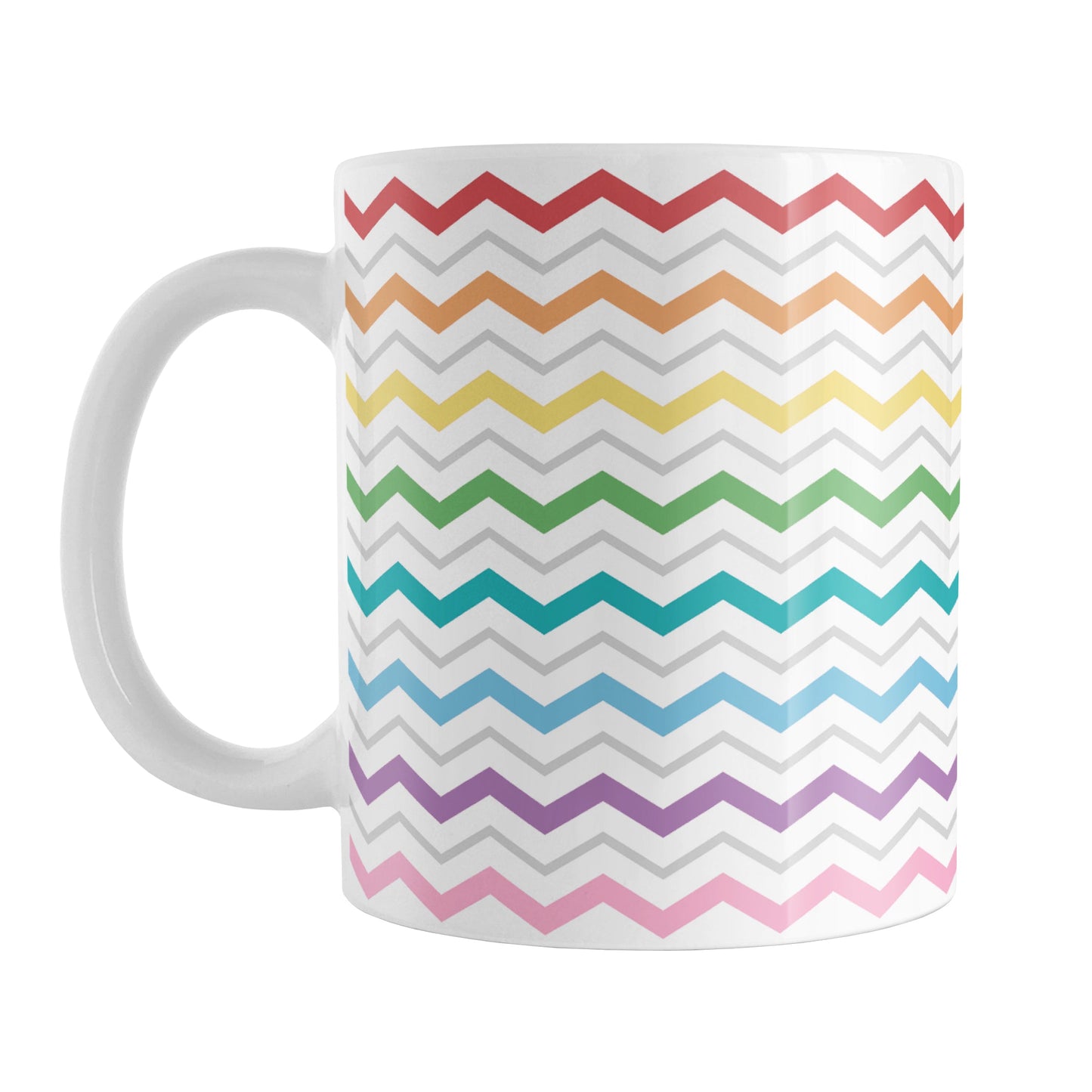 Rainbow Chevron Zigzag Pattern Mug (11oz) at Amy's Coffee Mugs. A ceramic coffee mug designed with colorful chevron zigzags with each zigzag line representing a different color in a rainbow progression with thinner gray zigzag lines between each color, over a white background, in a pattern that wraps around the mug up to the handle.