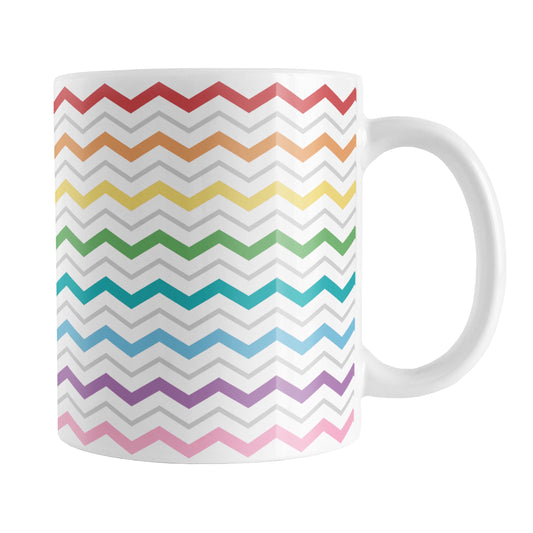 Rainbow Chevron Zigzag Pattern Mug (11oz) at Amy's Coffee Mugs. A ceramic coffee mug designed with colorful chevron zigzags with each zigzag line representing a different color in a rainbow progression with thinner gray zigzag lines between each color, over a white background, in a pattern that wraps around the mug up to the handle.
