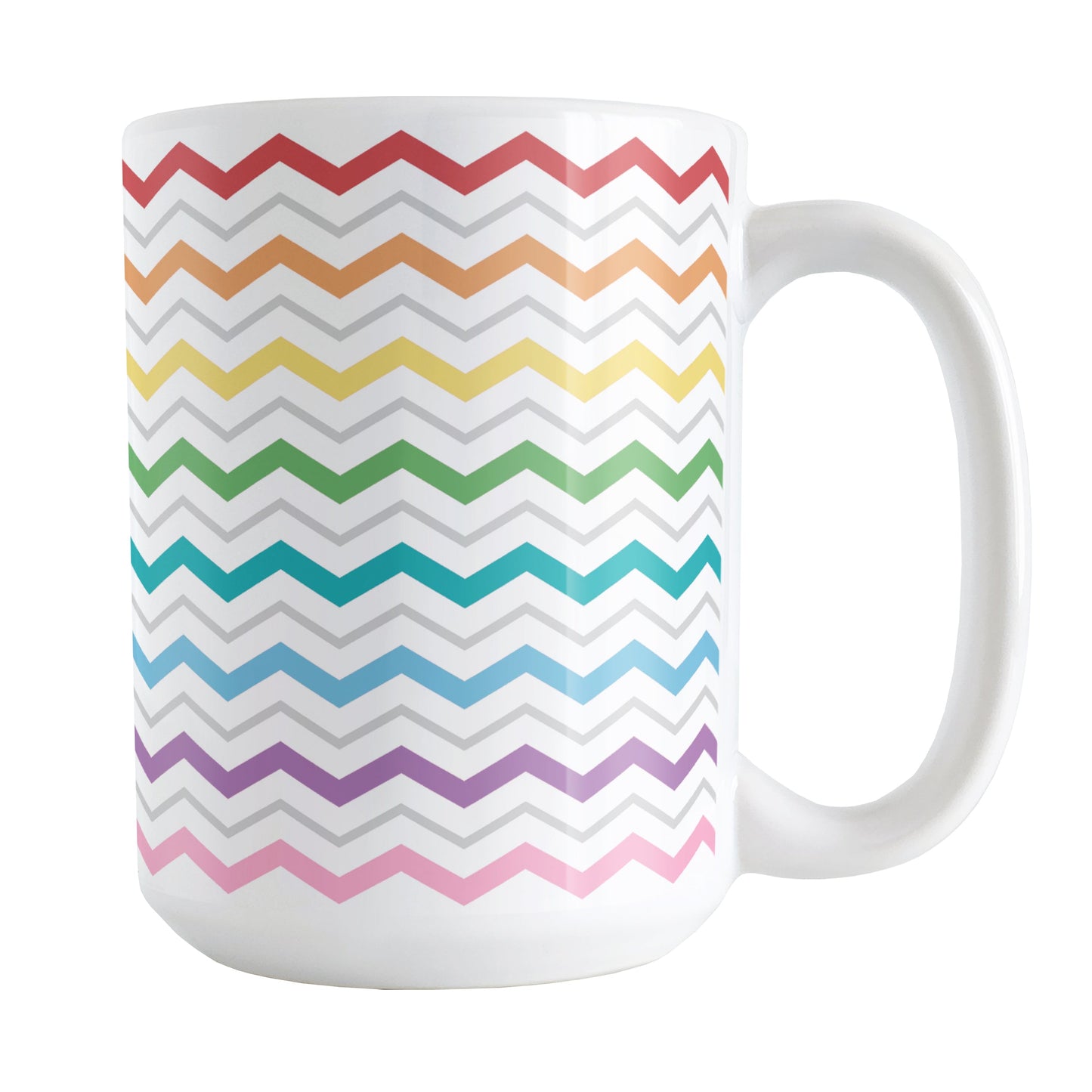 Rainbow Chevron Zigzag Pattern Mug (15oz) at Amy's Coffee Mugs. A ceramic coffee mug designed with colorful chevron zigzags with each zigzag line representing a different color in a rainbow progression with thinner gray zigzag lines between each color, over a white background, in a pattern that wraps around the mug up to the handle.