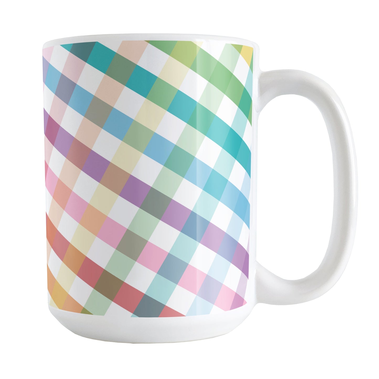 Rainbow Gingham Mug (15oz) at Amy's Coffee Mugs. A ceramic coffee mug designed with a slanted gingham pattern with a colorful rainbow progression that wraps around the mug up to the handle.