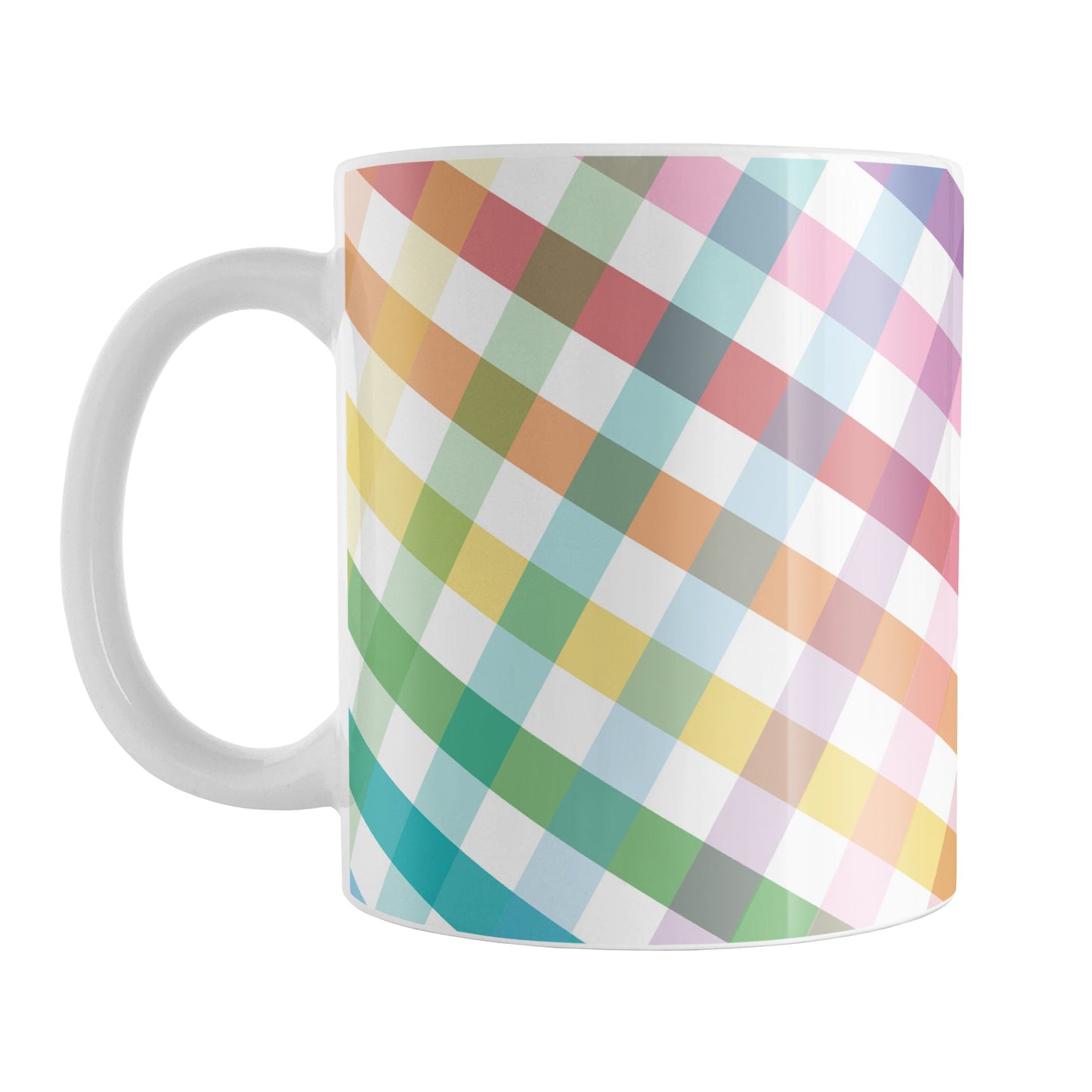 Rainbow Gingham Mug (11oz) at Amy's Coffee Mugs. A ceramic coffee mug designed with a slanted gingham pattern with a colorful rainbow progression that wraps around the mug up to the handle.