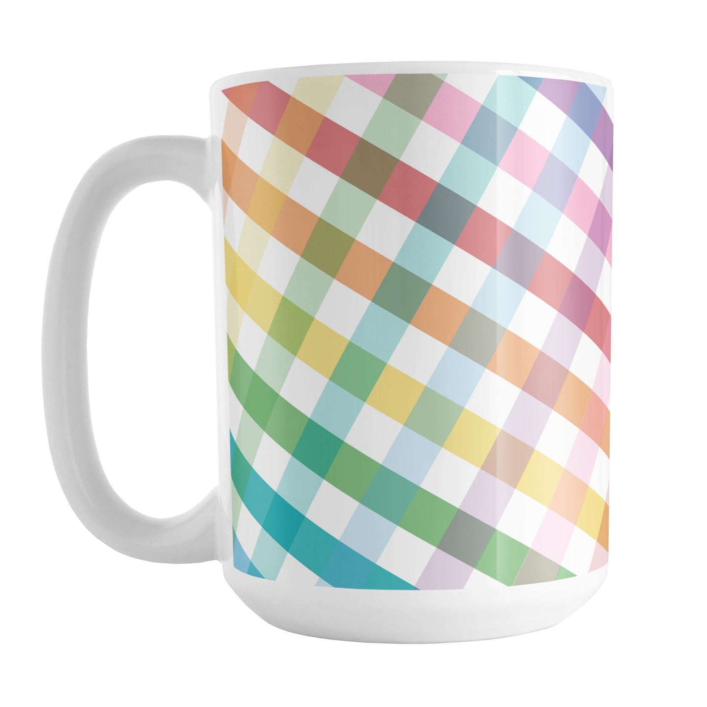 Rainbow Gingham Mug (15oz) at Amy's Coffee Mugs. A ceramic coffee mug designed with a slanted gingham pattern with a colorful rainbow progression that wraps around the mug up to the handle.