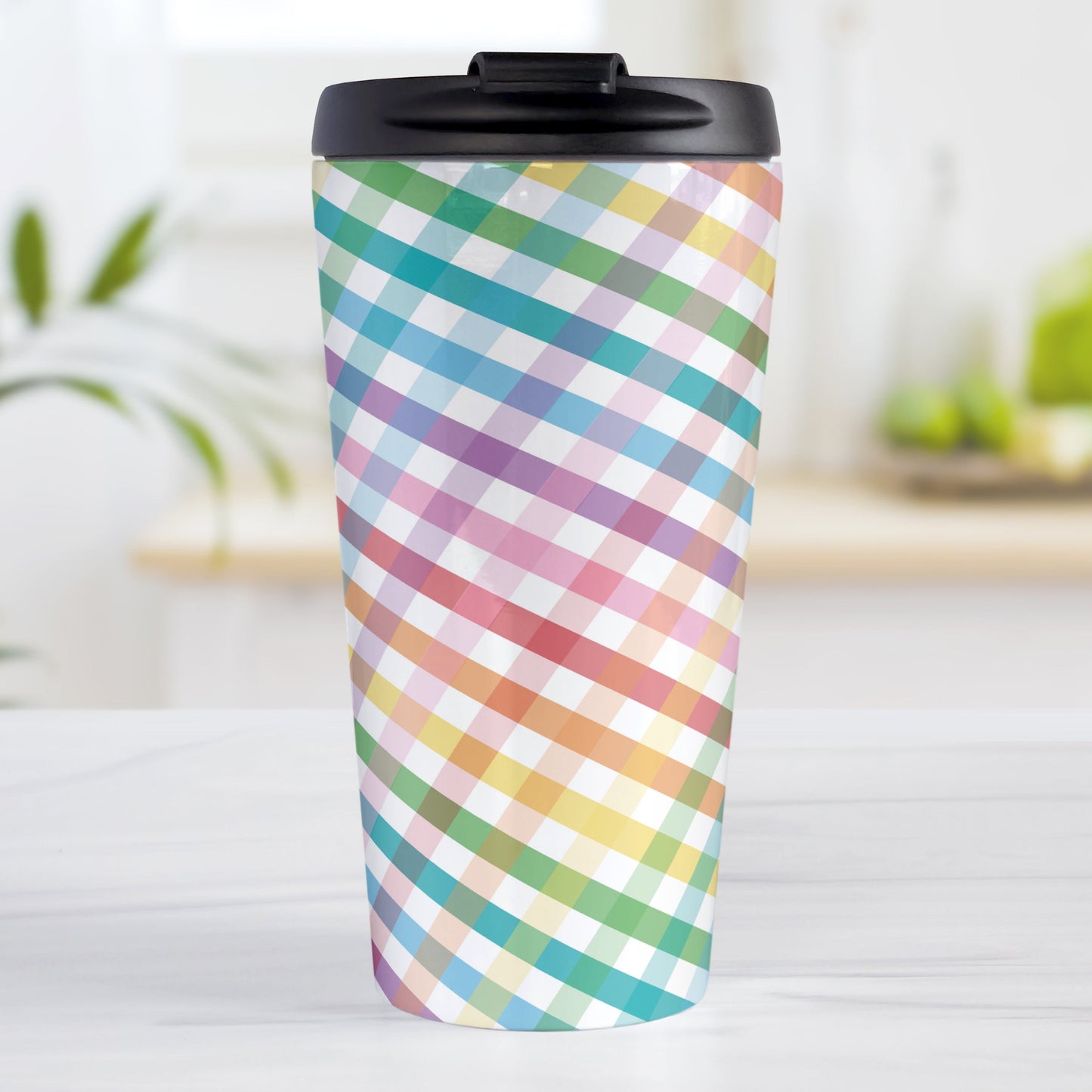 Rainbow Gingham Travel Mug (15oz, stainless steel insulated) at Amy's Coffee Mugs. A travel mug designed with a slanted gingham pattern with a colorful rainbow progression that wraps around the travel mug.