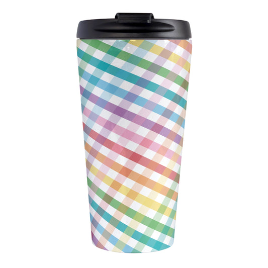Rainbow Gingham Travel Mug (15oz, stainless steel insulated) at Amy's Coffee Mugs. A travel mug designed with a slanted gingham pattern with a colorful rainbow progression that wraps around the travel mug.