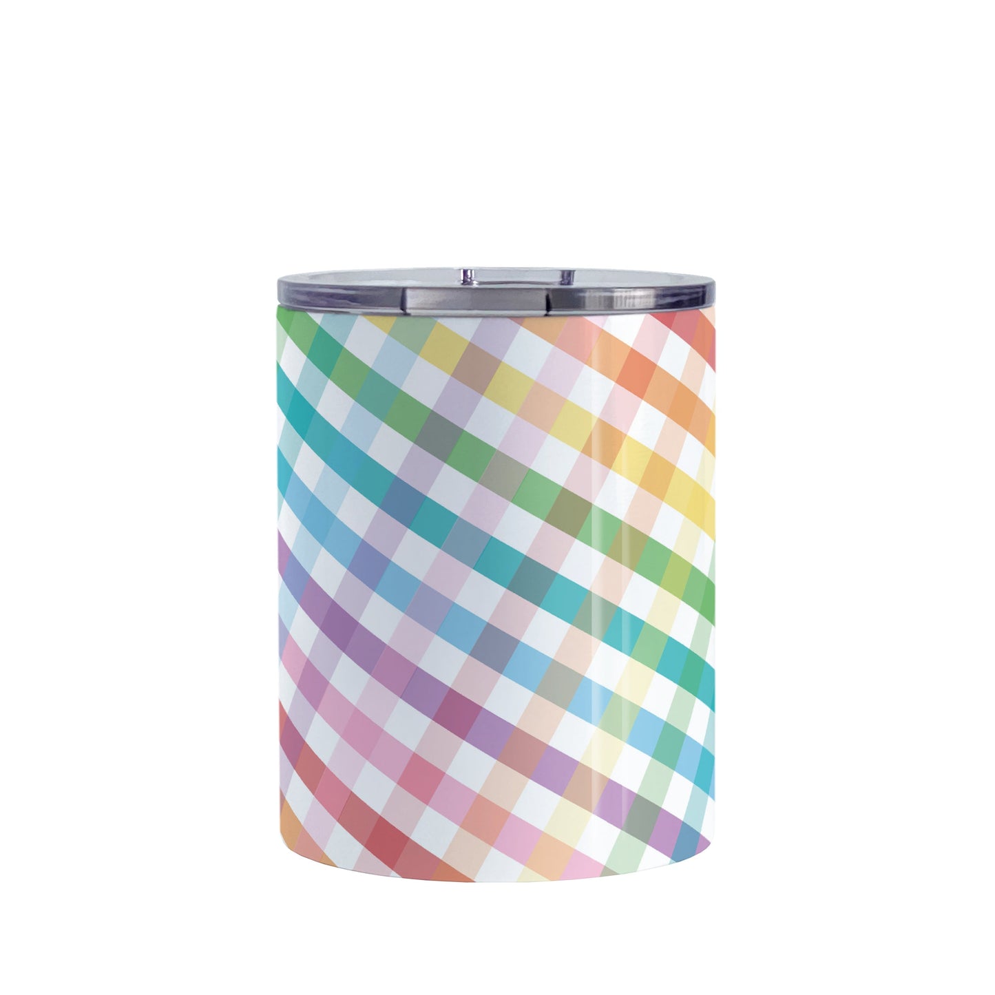 Rainbow Gingham Tumbler Cup (10oz, stainless steel insulated) at Amy's Coffee Mugs. A tumbler cup designed with a slanted gingham pattern with a colorful rainbow progression that wraps around the cup.