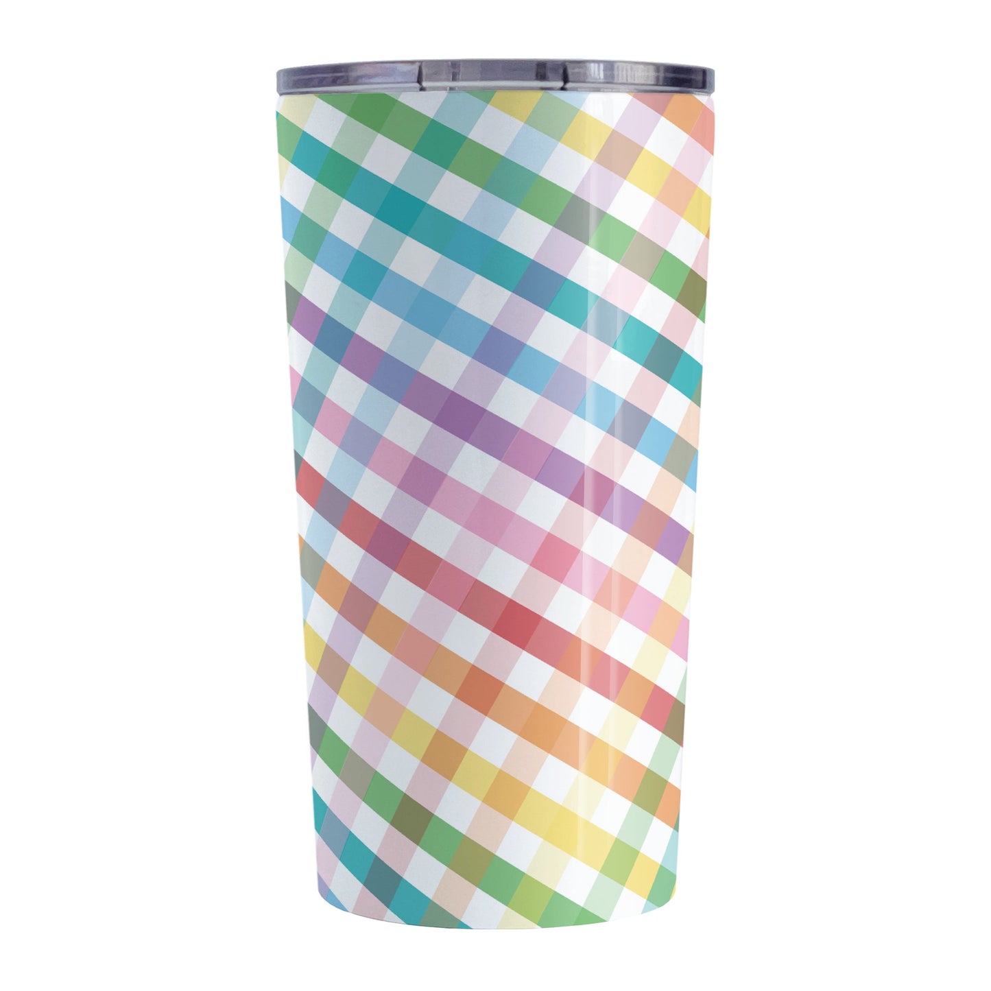 Rainbow Gingham Tumbler Cup (20oz, stainless steel insulated) at Amy's Coffee Mugs. A tumbler cup designed with a slanted gingham pattern with a colorful rainbow progression that wraps around the cup.