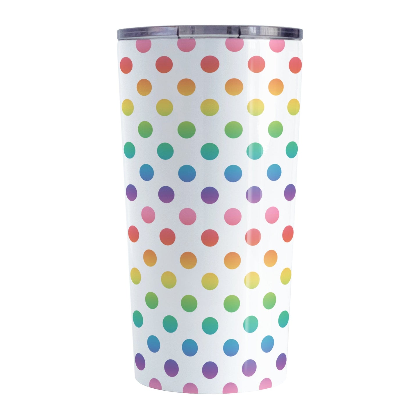 Rainbow Polka Dots Tumbler Cup (20oz) at Amy's Coffee Mugs. A stainless steel tumbler cup designed with a colorful pattern of polka dots in a rainbow color progression that wraps around the cup.