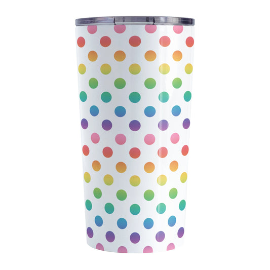 Rainbow Polka Dots Tumbler Cup (20oz) at Amy's Coffee Mugs. A stainless steel tumbler cup designed with a colorful pattern of polka dots in a rainbow color progression that wraps around the cup.