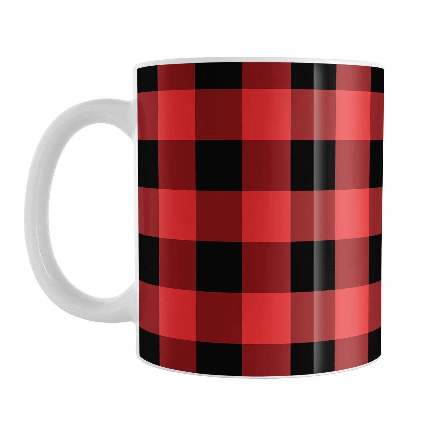 Red and Black Buffalo Plaid Mug (11oz) at Amy's Coffee Mugs. A ceramic coffee mug designed with a red and black buffalo plaid (buffalo check) pattern that wraps around the mug up to the handle.