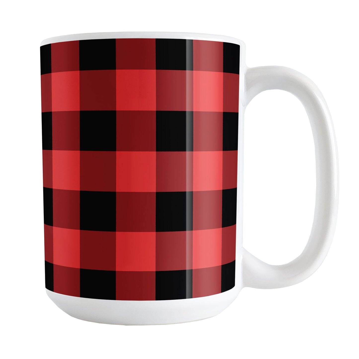 Red and Black Buffalo Plaid Mug (15oz) at Amy's Coffee Mugs. A ceramic coffee mug designed with a red and black buffalo plaid (buffalo check) pattern that wraps around the mug up to the handle.