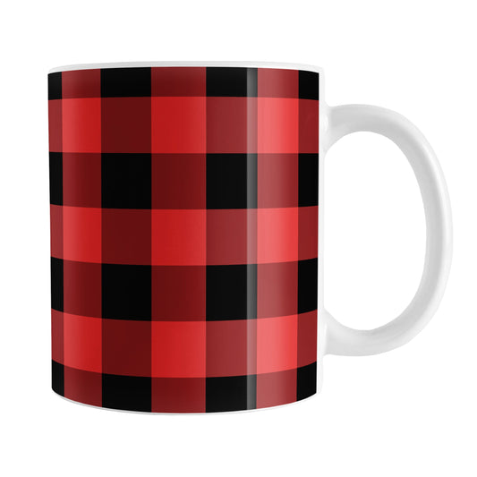Red and Black Buffalo Plaid Mug (11oz) at Amy's Coffee Mugs. A ceramic coffee mug designed with a red and black buffalo plaid (buffalo check) pattern that wraps around the mug up to the handle.