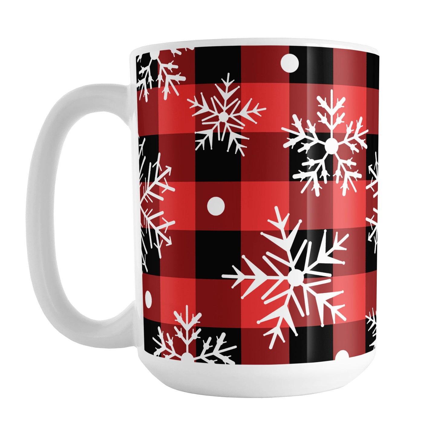 Red and Black Buffalo Plaid Snowflake Mug (15oz) at Amy's Coffee Mugs. A ceramic coffee mug designed with white snowflakes over a red and black buffalo plaid (buffalo check) pattern that wraps around the mug up to the handle.
