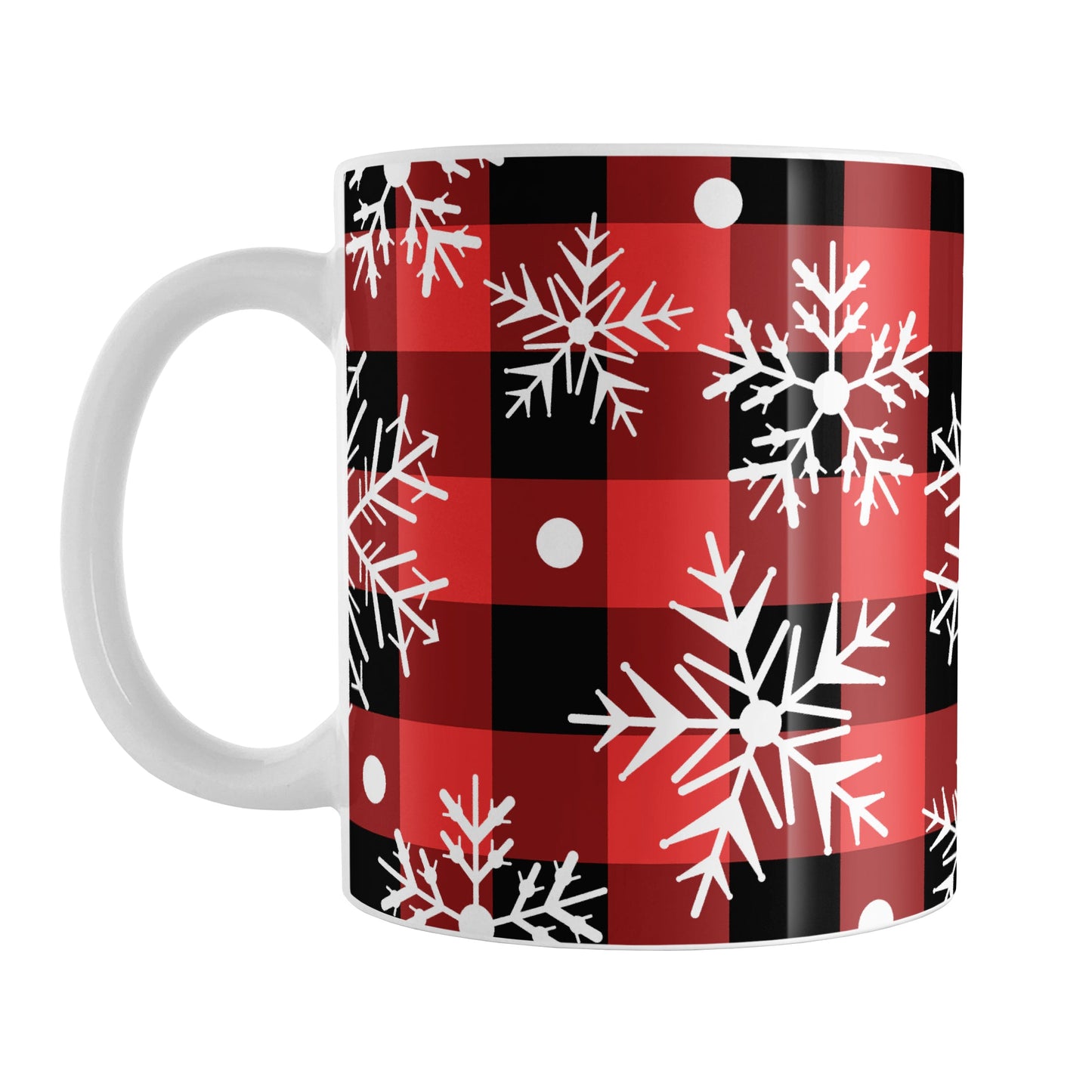 Red and Black Buffalo Plaid Snowflake Mug (11oz) at Amy's Coffee Mugs. A ceramic coffee mug designed with white snowflakes over a red and black buffalo plaid (buffalo check) pattern that wraps around the mug up to the handle.