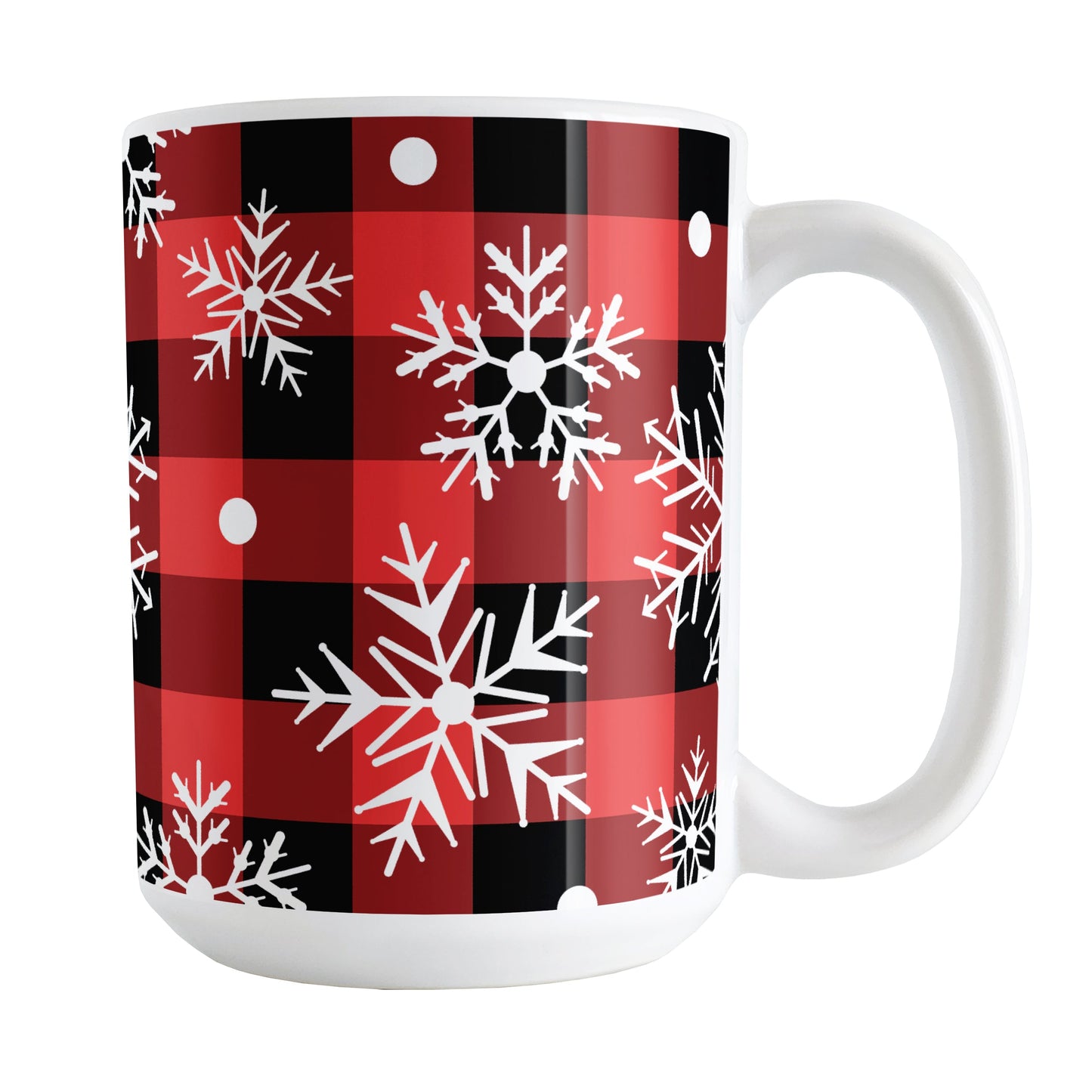 Red and Black Buffalo Plaid Snowflake Mug (15oz) at Amy's Coffee Mugs. A ceramic coffee mug designed with white snowflakes over a red and black buffalo plaid (buffalo check) pattern that wraps around the mug up to the handle.