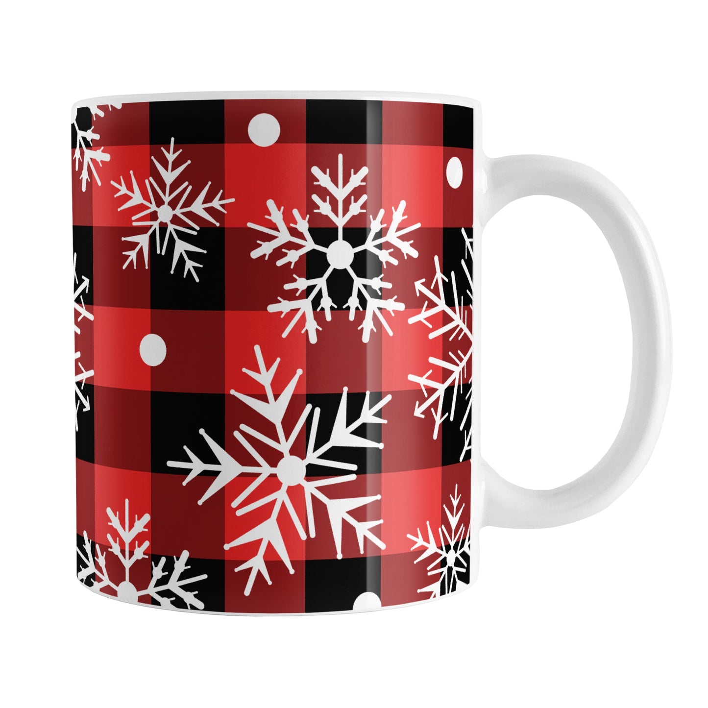 Red and Black Buffalo Plaid Snowflake Mug (11oz) at Amy's Coffee Mugs. A ceramic coffee mug designed with white snowflakes over a red and black buffalo plaid (buffalo check) pattern that wraps around the mug up to the handle.