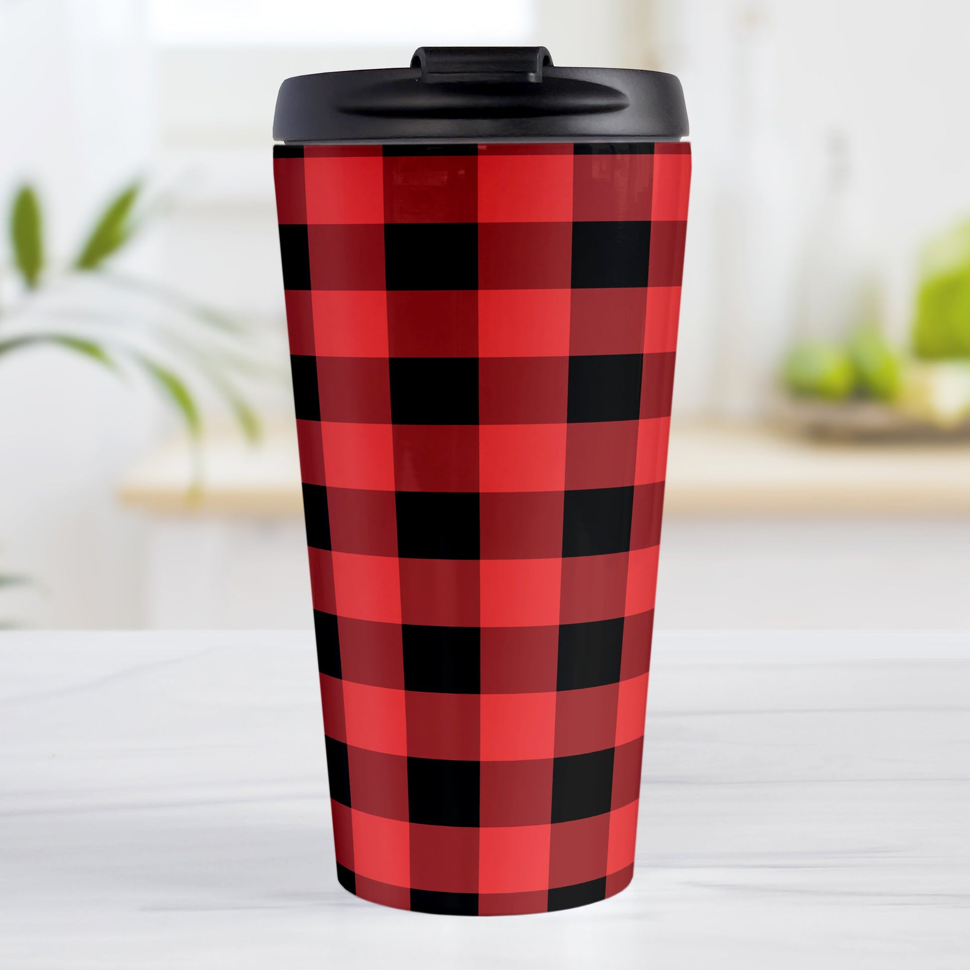 Red and Black Buffalo Plaid Travel Mug (15oz, stainless steel insulated) at Amy's Coffee Mugs. A travel mug designed with a red and black buffalo plaid (buffalo check) pattern that wraps around the mug.