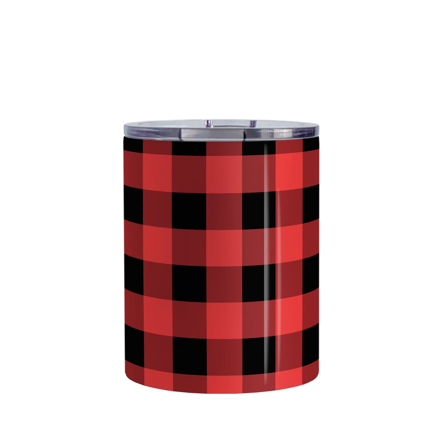 Red and Black Buffalo Plaid Tumbler Cup (10oz, stainless steel insulated) at Amy's Coffee Mugs. A tumbler cup designed with a red and black buffalo plaid (buffalo check) pattern that wraps around the cup.