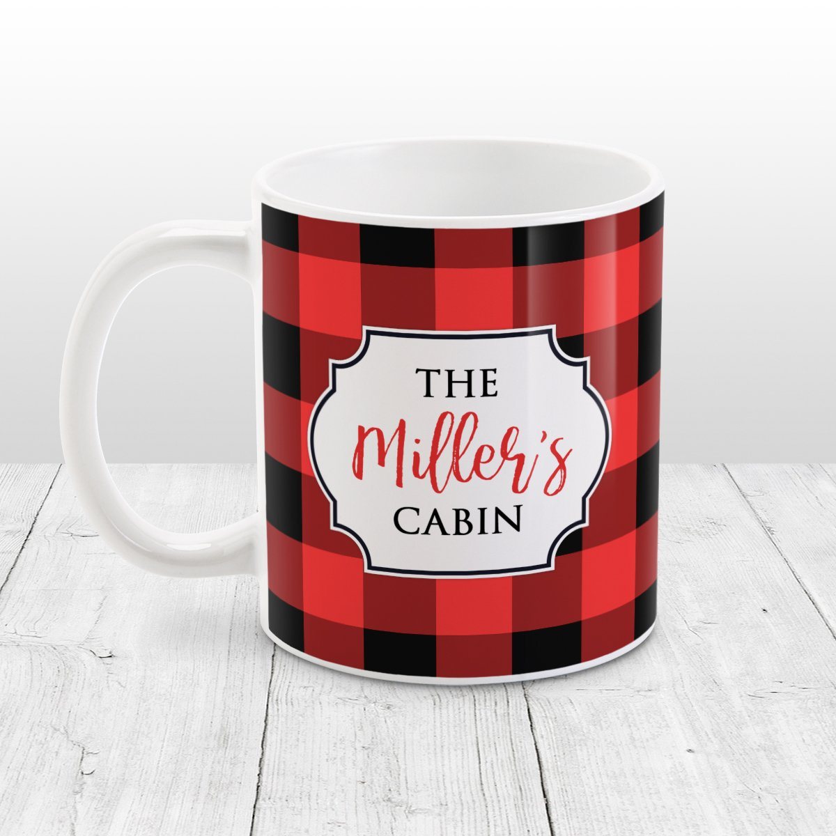 Red and Black Personalized Buffalo Plaid Pattern Mug at Amy's Coffee Mugs