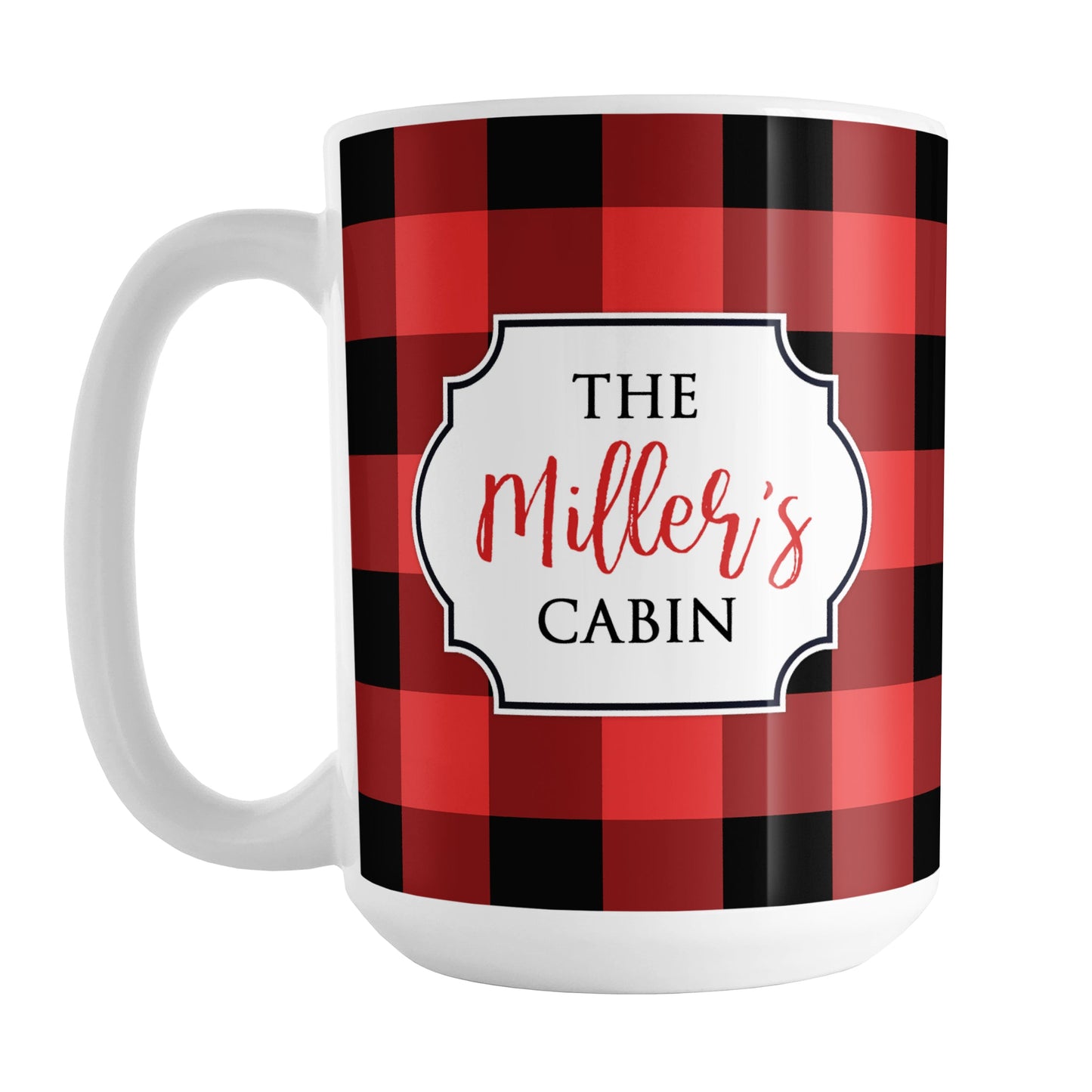 Red and Black Personalized Buffalo Plaid Mug (15oz) at Amy's Coffee Mugs. A ceramic coffee mug designed with a red and black buffalo plaid (buffalo check) pattern that wraps around the mug up to the handle, and your personalization is done in a white frame design on both sides of the mug over the buffalo plaid background.