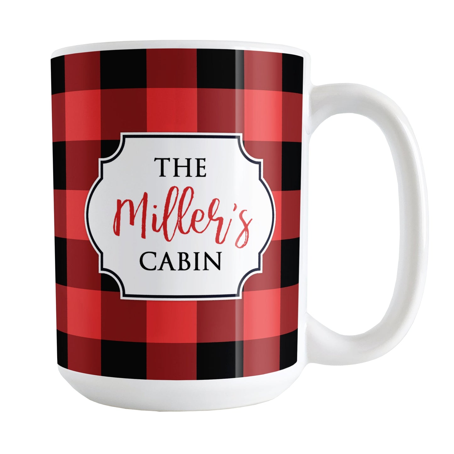 Red and Black Personalized Buffalo Plaid Mug (15oz) at Amy's Coffee Mugs. A ceramic coffee mug designed with a red and black buffalo plaid (buffalo check) pattern that wraps around the mug up to the handle, and your personalization is done in a white frame design on both sides of the mug over the buffalo plaid background.