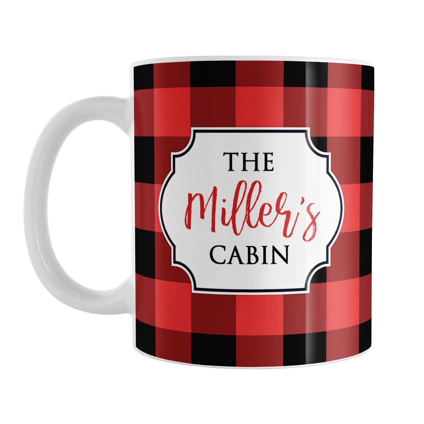 Red and Black Personalized Buffalo Plaid Mug (11oz) at Amy's Coffee Mugs. A ceramic coffee mug designed with a red and black buffalo plaid (buffalo check) pattern that wraps around the mug up to the handle, and your personalization is done in a white frame design on both sides of the mug over the buffalo plaid background.