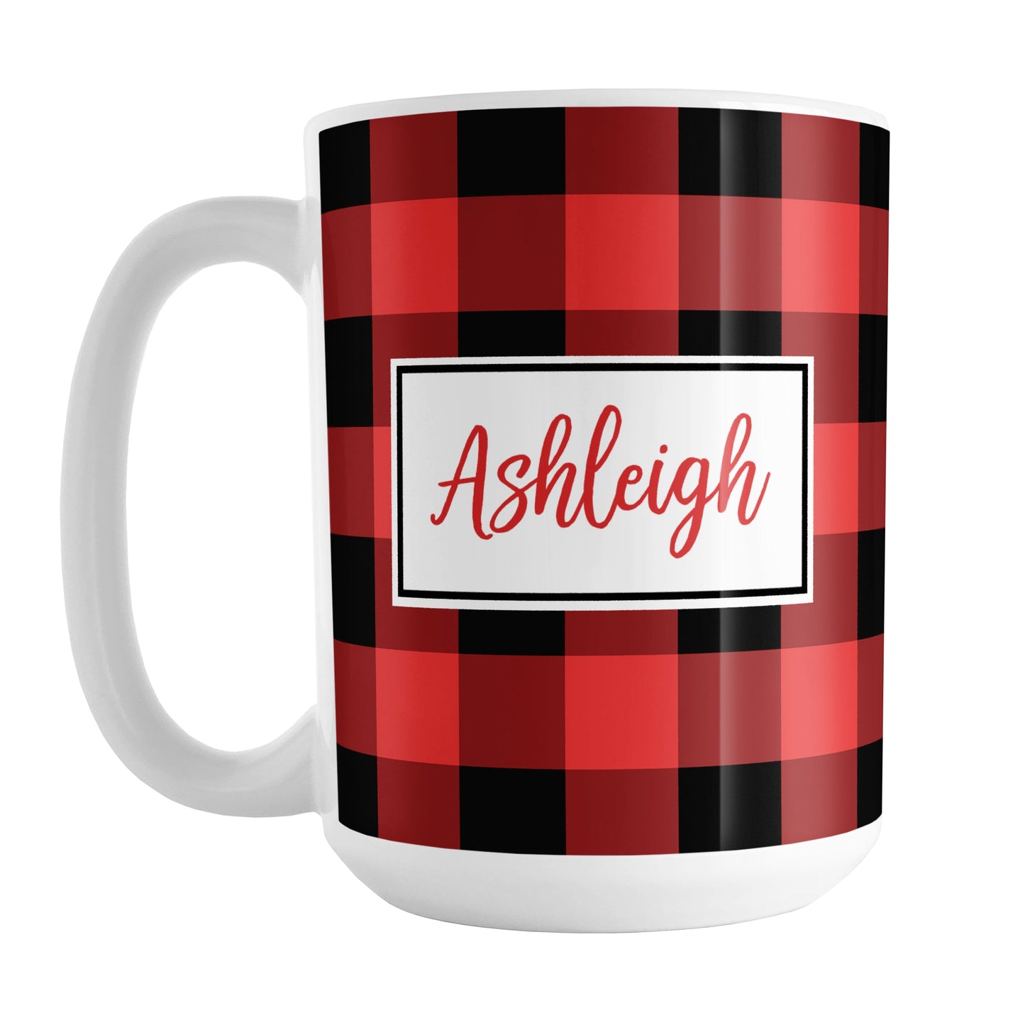 Red and Black Personalized Name Buffalo Plaid Mug (15oz) at Amy's Coffee Mugs. A ceramic coffee mug designed with a red and black buffalo plaid (buffalo check) pattern that wraps around the mug up to the handle. Your name is printed in a red script font in a white frame design on both sides of the mug over the buffalo plaid background.