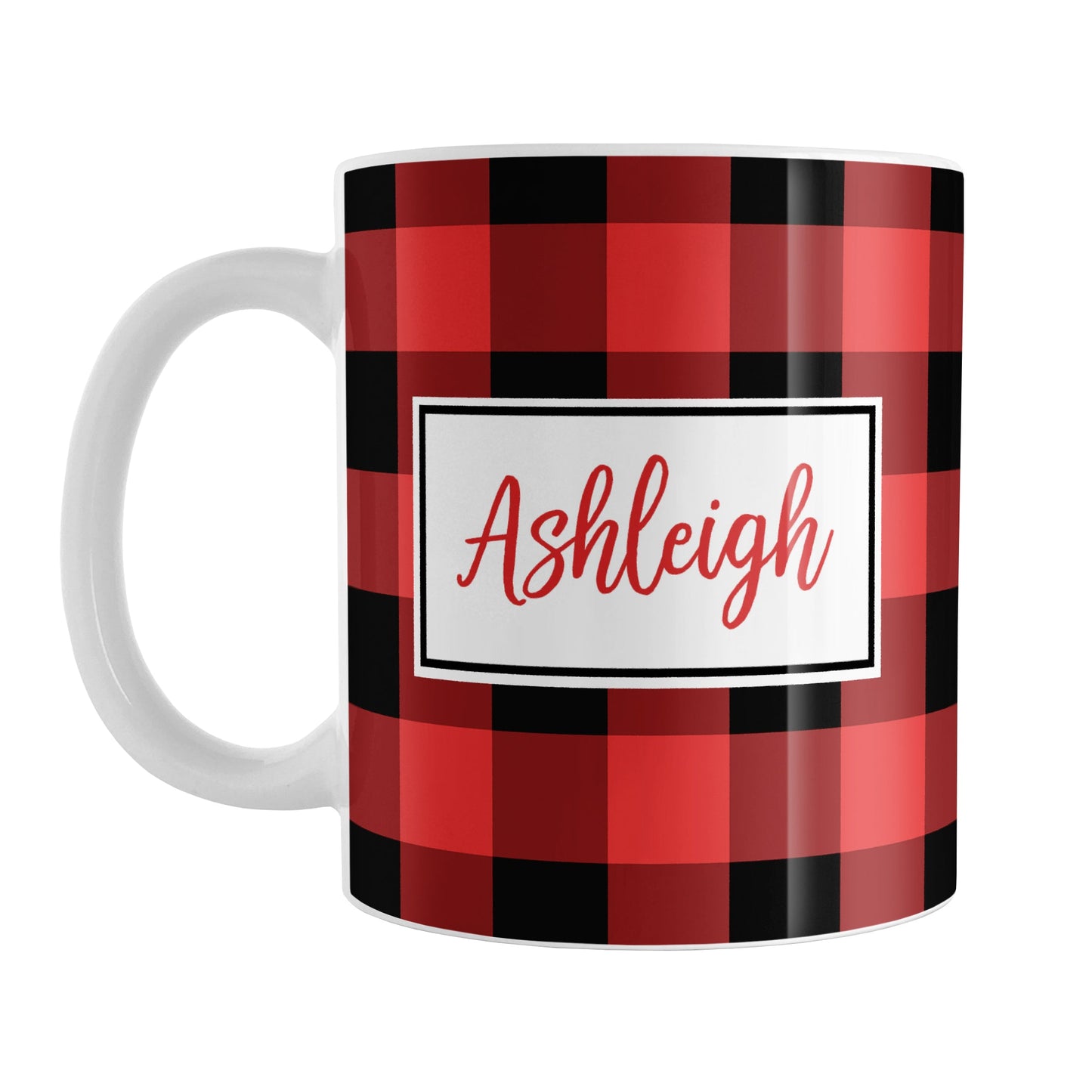 Red and Black Personalized Name Buffalo Plaid Mug (11oz) at Amy's Coffee Mugs. A ceramic coffee mug designed with a red and black buffalo plaid (buffalo check) pattern that wraps around the mug up to the handle. Your name is printed in a red script font in a white frame design on both sides of the mug over the buffalo plaid background.