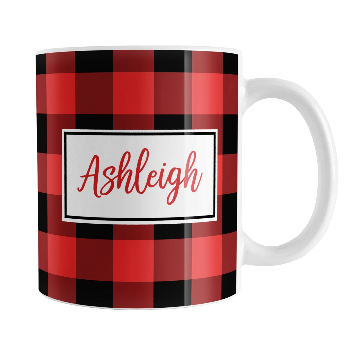 Red and Black Personalized Name Buffalo Plaid Mug (11oz) at Amy's Coffee Mugs. A ceramic coffee mug designed with a red and black buffalo plaid (buffalo check) pattern that wraps around the mug up to the handle. Your name is printed in a red script font in a white frame design on both sides of the mug over the buffalo plaid background.