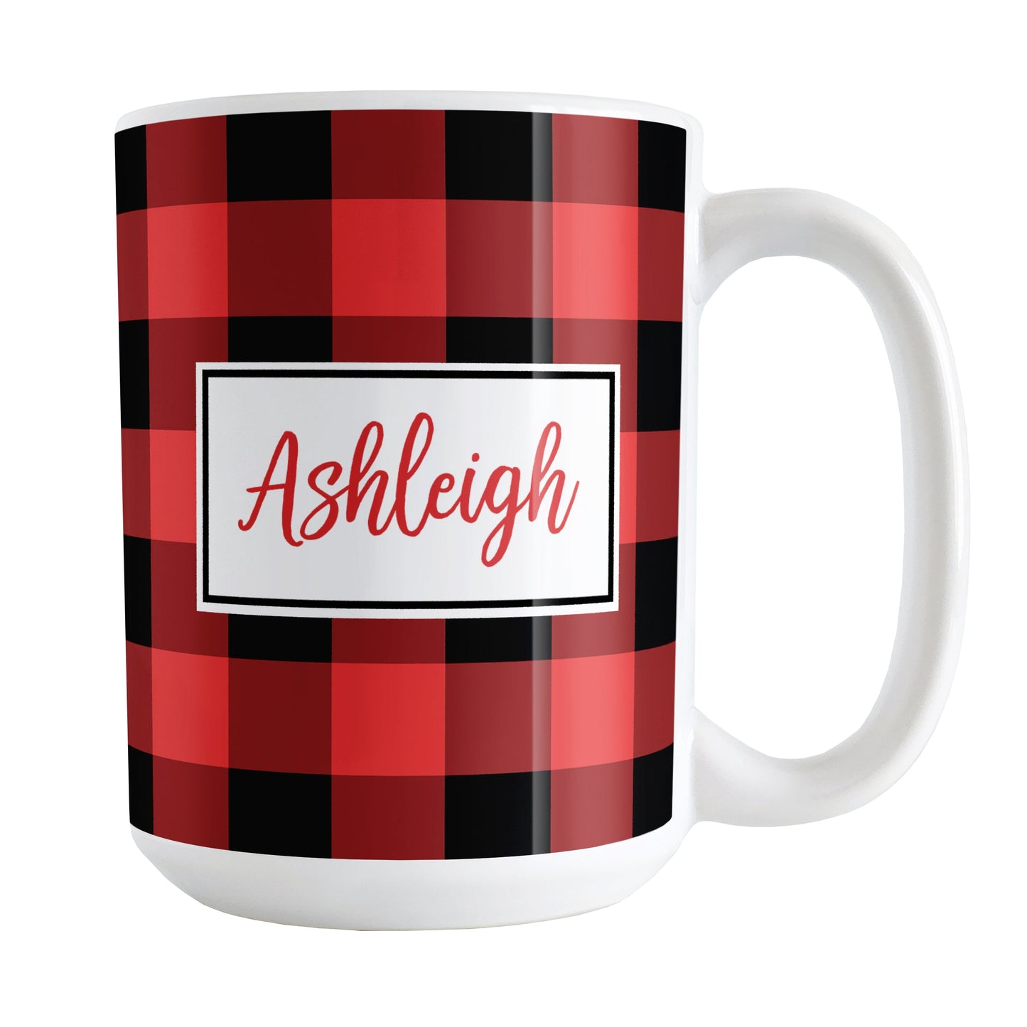 Red and Black Personalized Name Buffalo Plaid Mug (15oz) at Amy's Coffee Mugs. A ceramic coffee mug designed with a red and black buffalo plaid (buffalo check) pattern that wraps around the mug up to the handle. Your name is printed in a red script font in a white frame design on both sides of the mug over the buffalo plaid background.