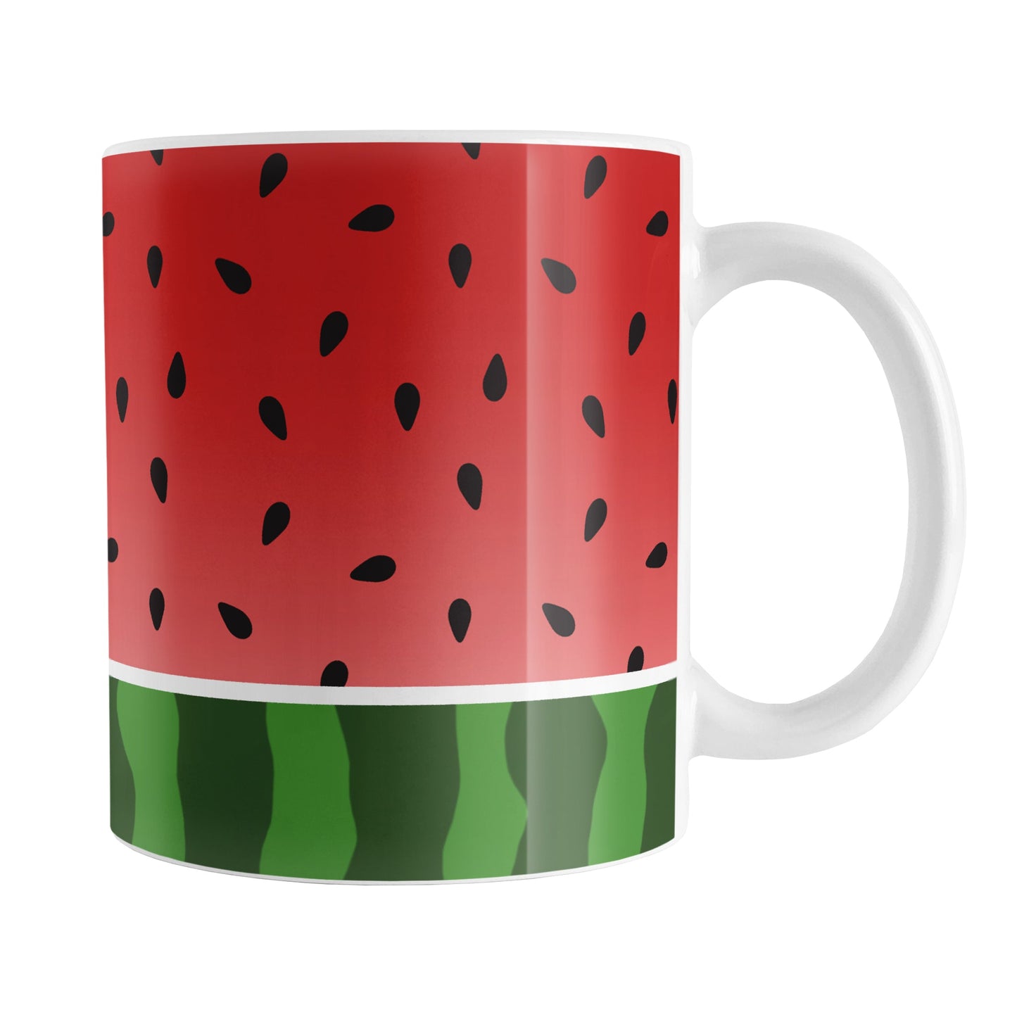 Red and Green Watermelon Mug (11oz) at Amy's Coffee Mugs. A ceramic coffee mug designed with a watermelon black seed pattern complemented by a green stripe watermelon pattern along the bottom. This fruity design wraps around the mug up to the handle.