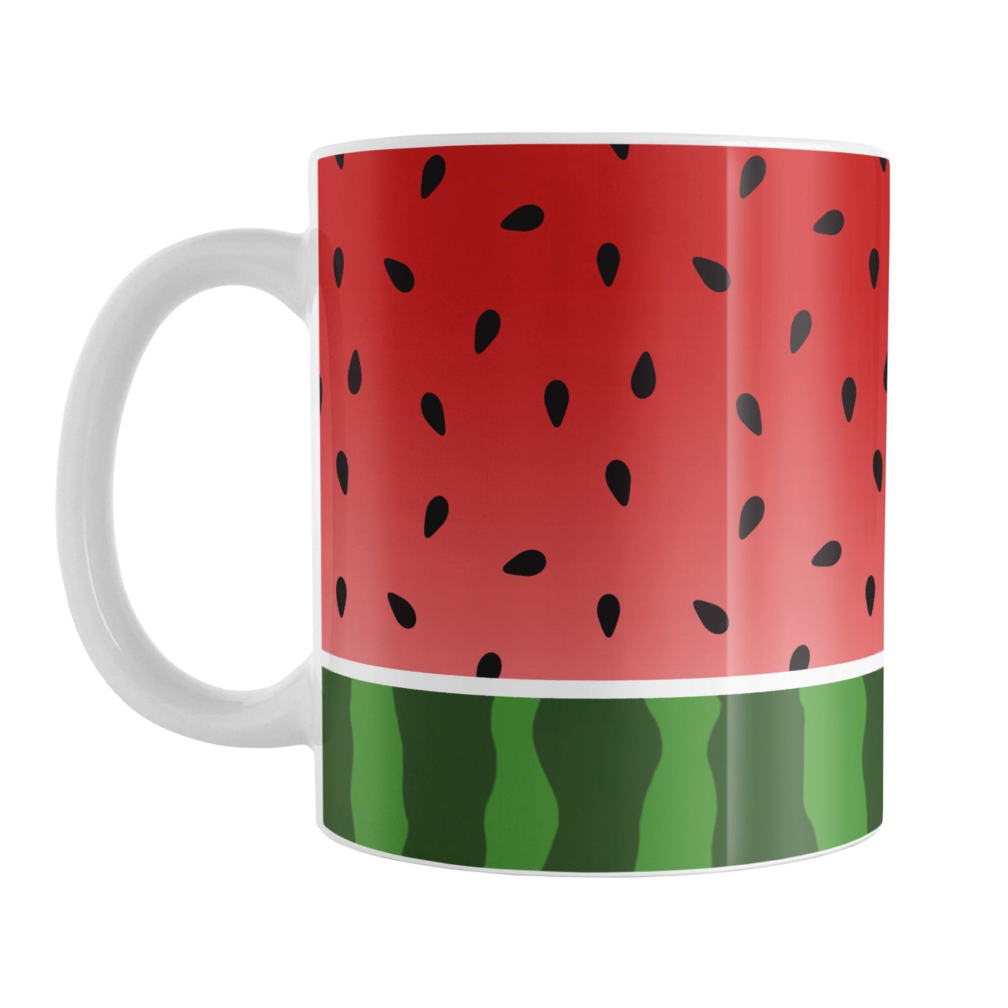 Red and Green Watermelon Mug (11oz) at Amy's Coffee Mugs. A ceramic coffee mug designed with a watermelon black seed pattern complemented by a green stripe watermelon pattern along the bottom. This fruity design wraps around the mug up to the handle.